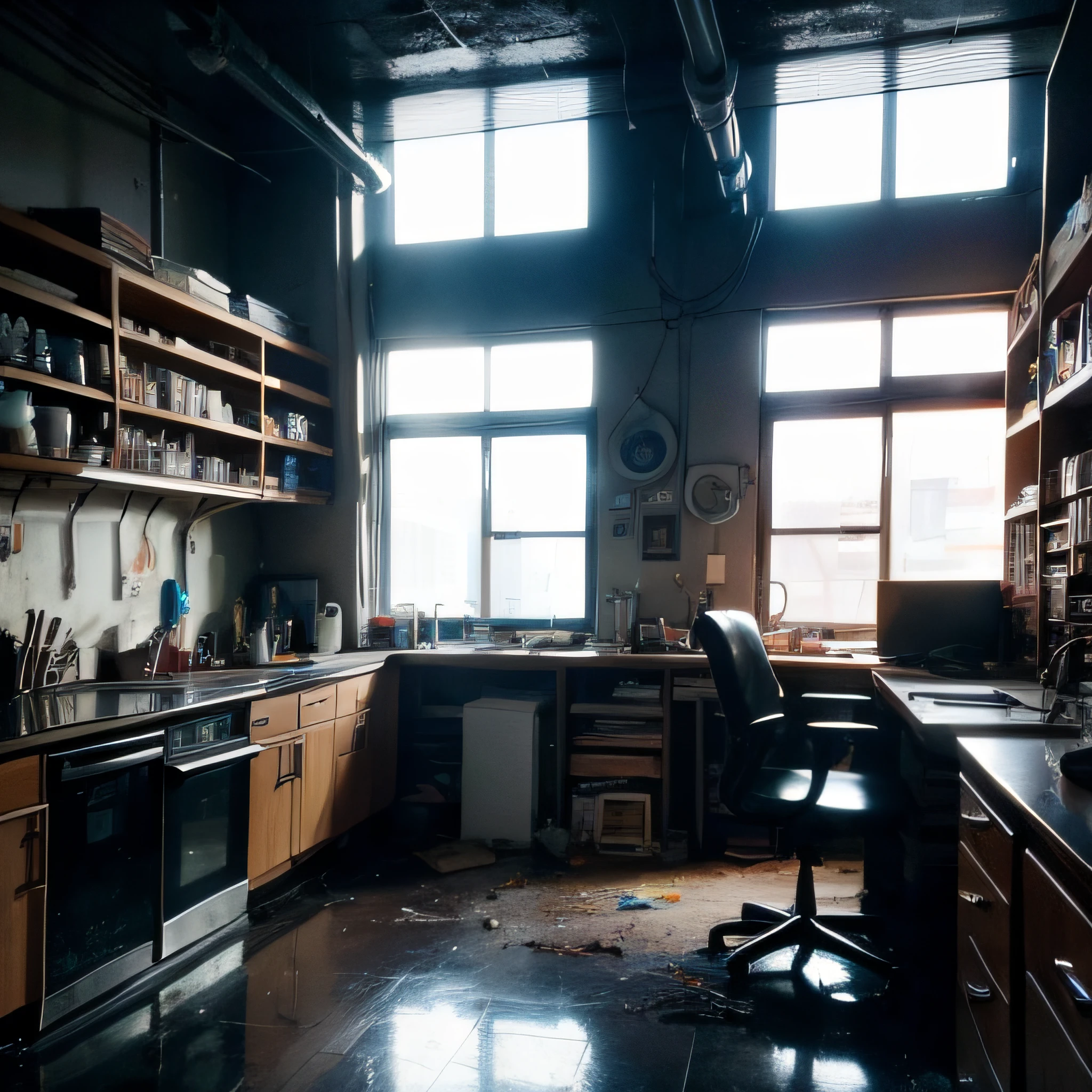 Masterpiece, best quality, highres, photorealistic, RAW, Interior view of Cyberpunk laboratory, messy, untidy, dirty, 8K, cinematic light