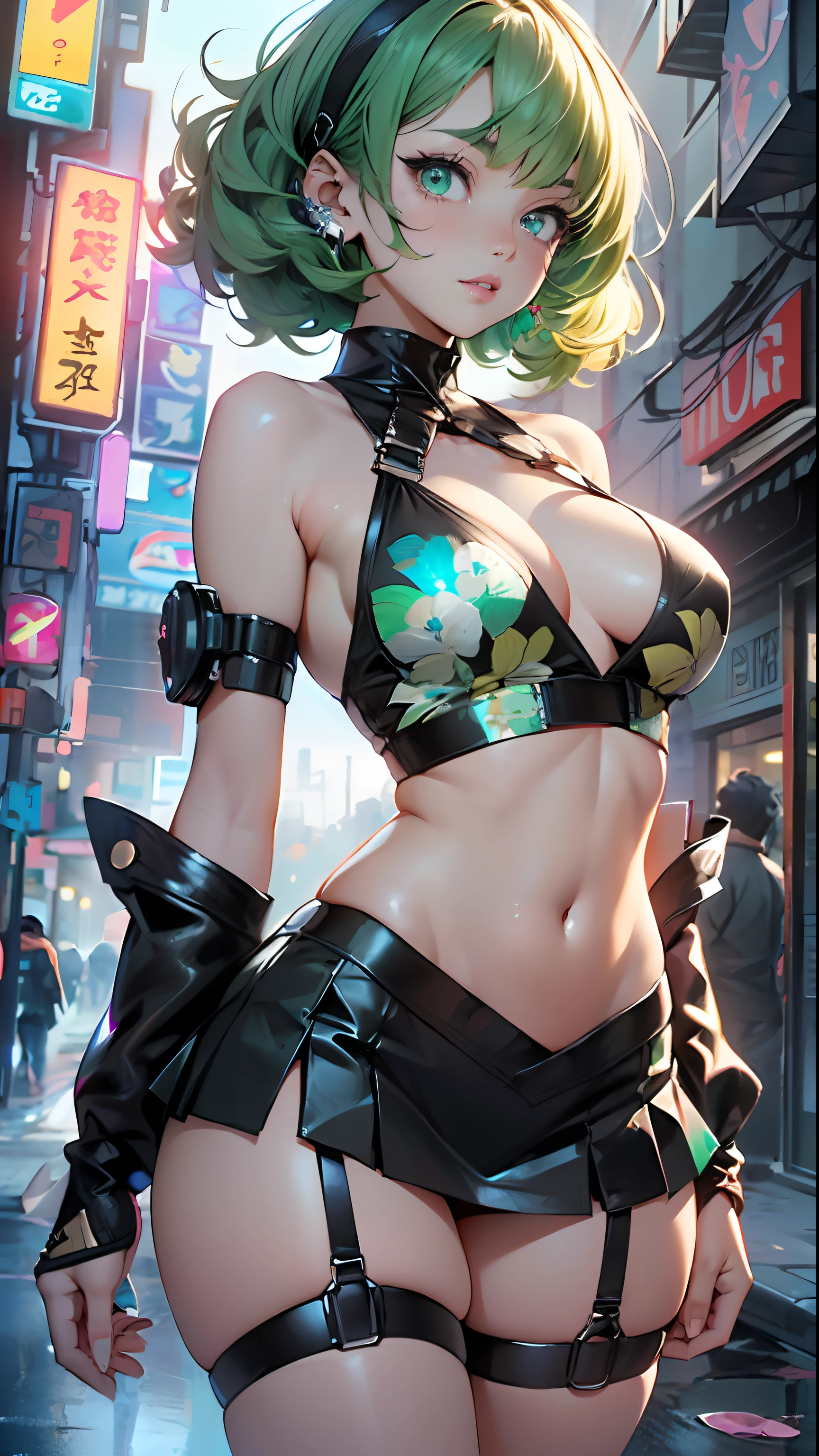 girl youtuber,(((1girl))),((extremely cute and beautiful green curly-haired anime girl walking down the street)),
(short breasts:1.4),(((green curly hair:1.35,very curly hair,colored inner hair,ear breathing, short hair))), ((green eyes:1.3,upturned eyes:1.3,perfect eyes,beautiful detailed eyes, rainbow glows ultra-detailed yellow green eyes:1.1,gradient eyes:1, finely detailed beautiful eyes:1,symmetrical eyes:1,big highlight on eyes:1.2)),((fat)), (((lustrous skin:1.5, bright skin: 1.5,skin tanned,shiny skin,very shiny skin,shiny body,plastic glitter skin,exaggerated shiny skin))),delicate detailed fingers,detailed body,detailed arms, human hands,detailed hands,),
cute,slutty,seductive,erotic,(((nsfw))),
zettai ryouiki,revealing clothing,show skin,((rave mini-skirt,visible thong straps,white loose tank top with an intricate print)),(detailed outfit, detailed clothes),
(dynamic pose:1.0),solo focus,embarrassed,centered,scale to fit dimensions,Rule of thirds,
outdoors, ((night view)), (cyberpunk night street Background: 1.5,dark sky,alleyway,lonely alley,thick clouds, detailed background:1.25),
(best quality), (high resolution), (sharp focus), (ultra detailed), (extremely detailed), (extremely high quality artwork), 8k_wallpaper, (extremely detailed CG 8k),(very fine 8K CG), ((hyper super ultra detailed perfect piece)), flawless, (((masterpiece))), illustration, vibrant colors, (intricate), High contrast, Selective lighting, Double exposure, HDR (High Dynamic Range), Post-processing, Background blur,