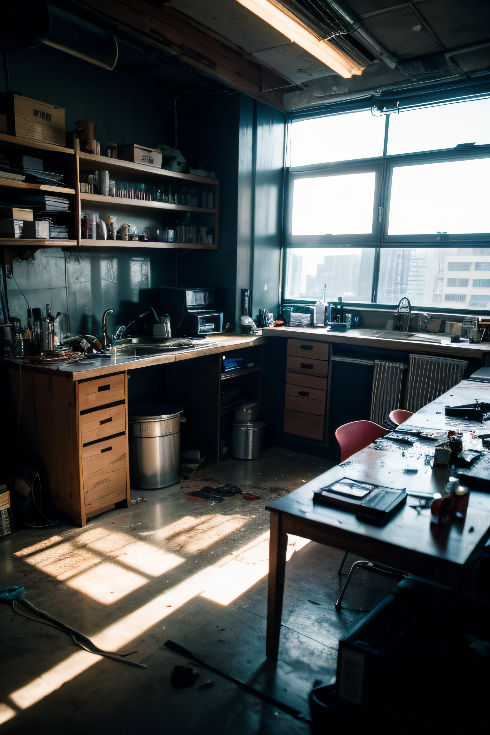 Masterpiece, best quality, highres, photorealistic, RAW, Interior view of Cyberpunk laboratory, messy, untidy, dirty, 8K, cinematic light