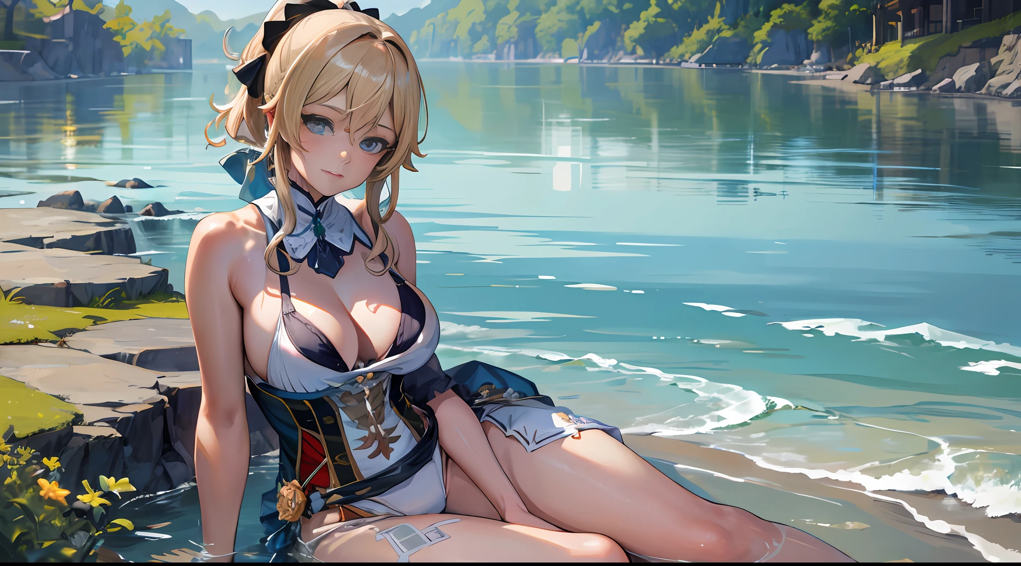 Jean Genshin Impact, Whole body, (NSTDA.:1.2), (10, Best-Quality, Masterpiece: 1.4), Ultra High Definition, (Lifelike, Photorealistic: 1.48), (Look neatly through the :1.11), 20 years old, cute girl, , famous Japanese actress, , swimsuit, beautiful, blue eyes, head tilted, cowboy shot, looking at the audience, emotionless, beautiful lake, Zeiss 150mm F/ 2.8 Hasselblad, in the valley, whole body, foot, ultra wide angle