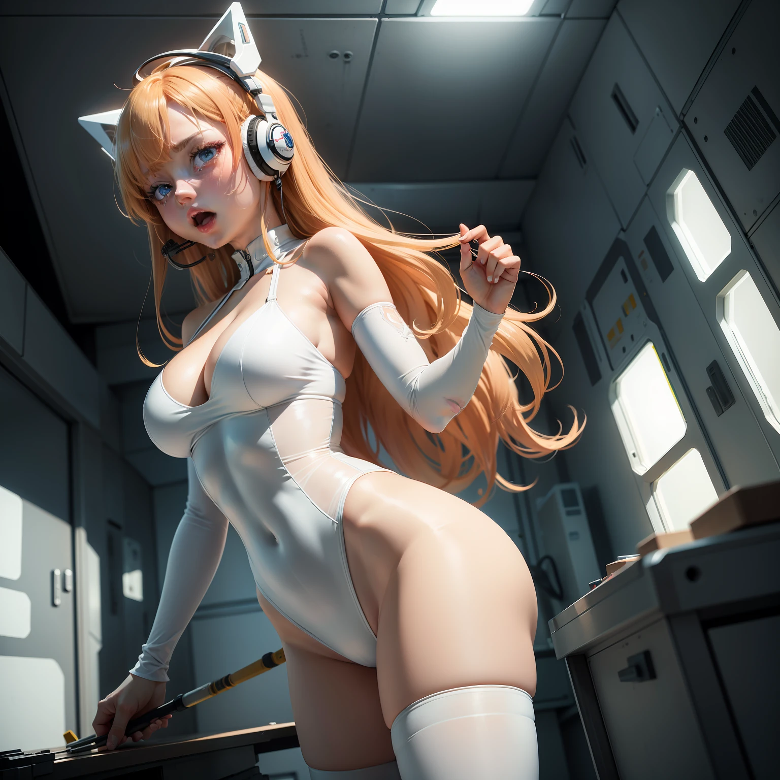 （down view），dynamic angle，ultra - detailed，illustratio，closeup cleavage，Straight Forward，1girll，
 （（Souryuu Asuka Lanley，Interface headset，red leotard：1.4，blond hairbl）），Her eyes shone like dreamy stars，（glowing light eyes：1.233），（beautiful and detailed eye：1.1），（With your mouth open，Stick out her tongue，Eyes rolled upwards，Shedding tears），（standing on your feet），
（Mechanical room with tools and spaceship windows in a white spaceship），
（the night：1.2），dream magical， [[Slender fingers and hands：0.55]：：0.85]，（detail finger），