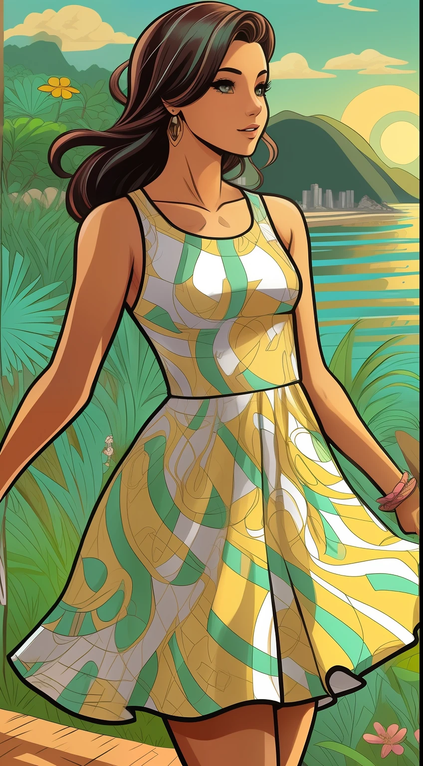 [mulher jovem], [corpo inteiro], [morena], vestido florido, estilo cartoon, estilo comic, contorno de linhas pretas 0.6, caminhando no campo, um rio ao lado, detalhes intrincados, highes definition