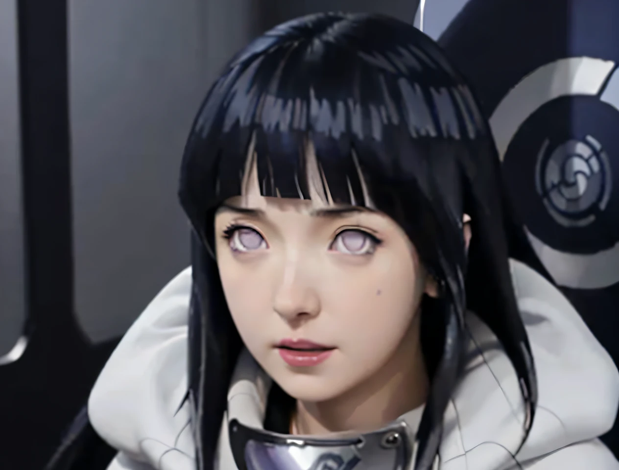 a close up of a person with long hair and a hoodie, hinata hyuga, hinata hyuga from naruto, from naruto, as an anime character, perfect anime face, she has dark blue hair with bangs, female anime character, anime character, anime best girl, hime cut hairstyle, dark blue hair, (red glossy lips:1.3), light purple eyes