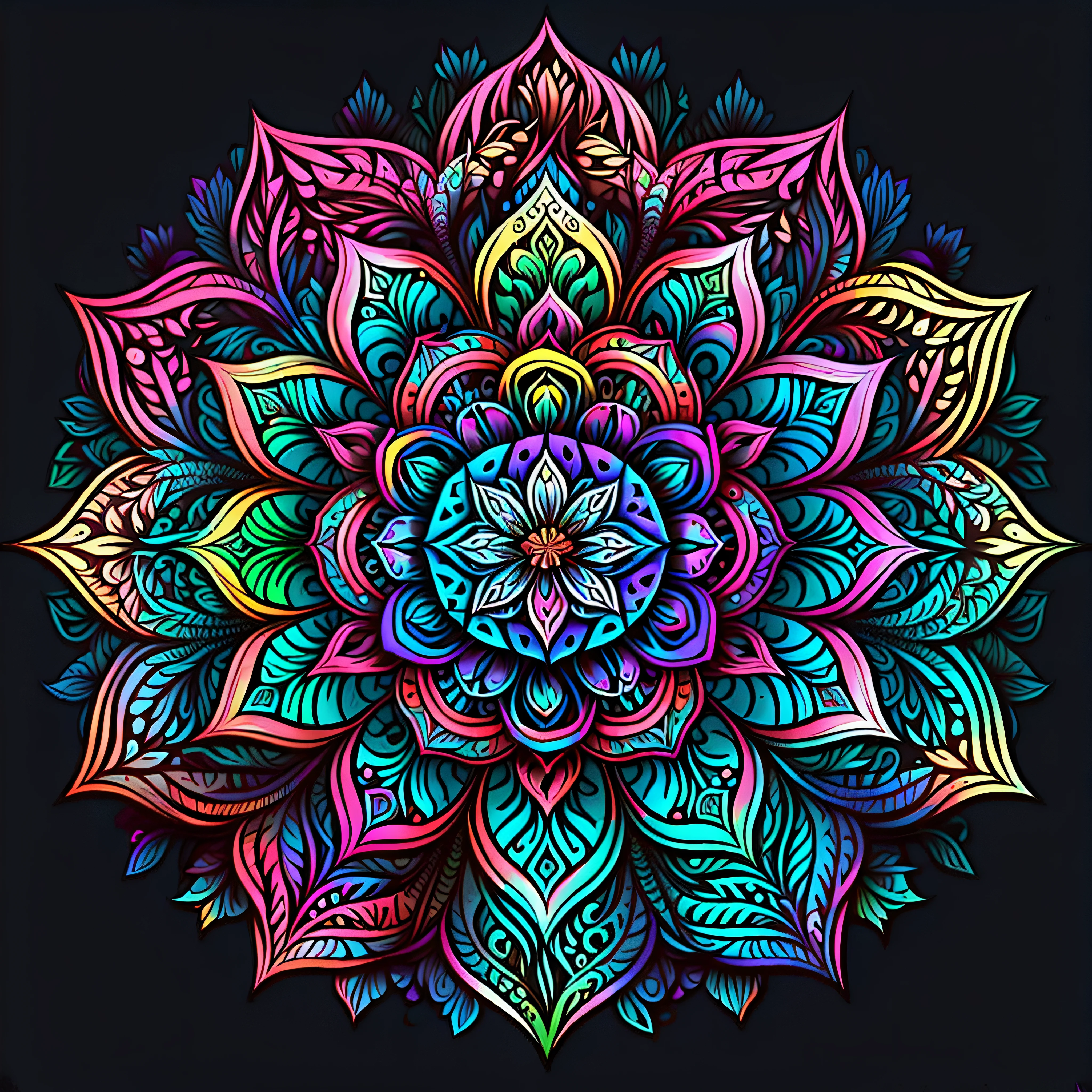 a colorful flower with a black background, colorful mandala, mandala art, lotus mandala, mandala ornament, super detailed color art, mandalas, rainbow gradient bloom, colorful intricate masterpiece, detailed art in color, intricate colorful masterpiece, mandalas, super detailed color art, psychedelic art style, intricate colorful, ornate flower design, vibrant high contrast coloring, multicolored vector art