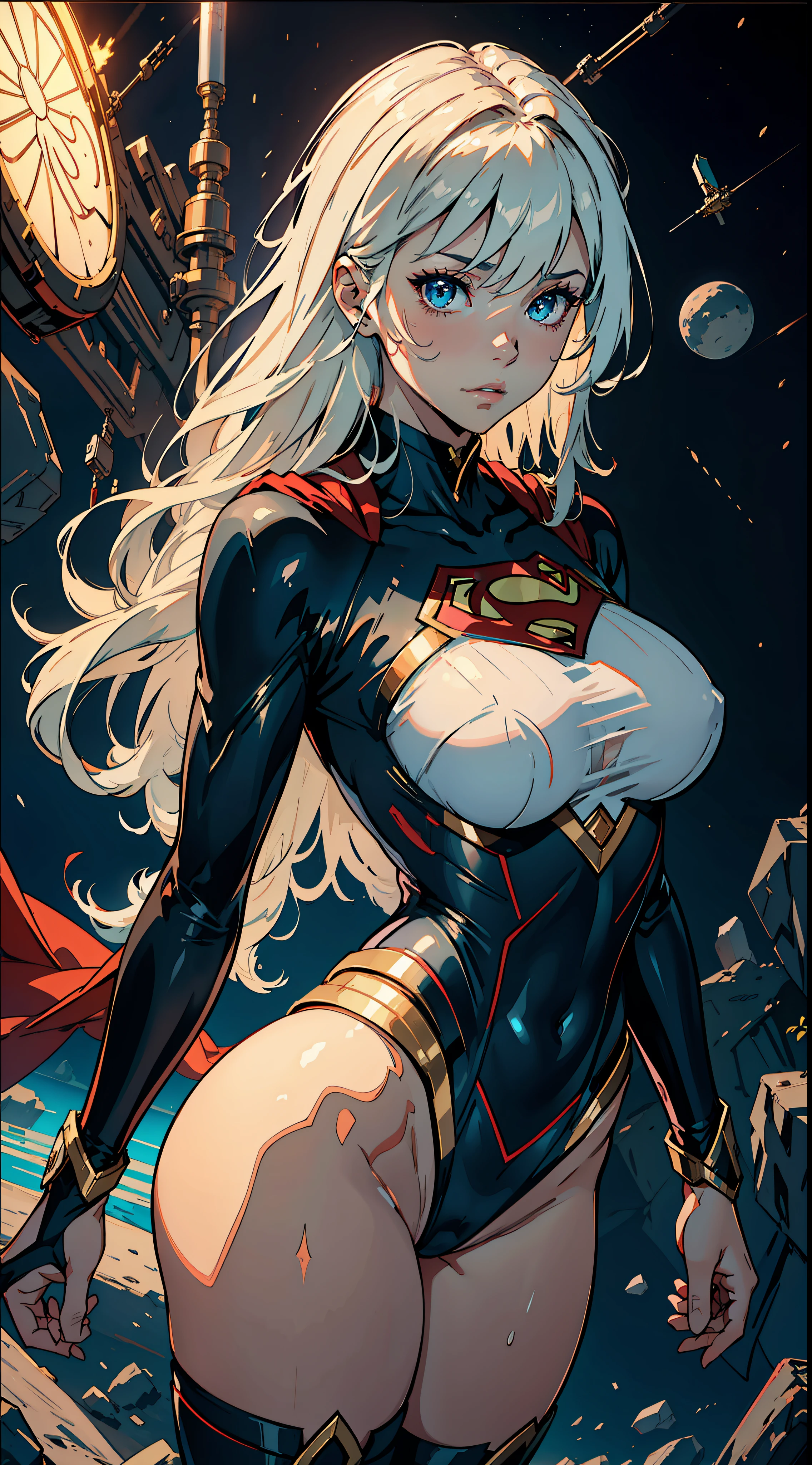 1female， old，Huge breasts， 独奏， Supergirl，superman logo， space，White transparent court costume， Pornographic exposure，Exposure of bikinis，space ship，cyber punk perssonage，  She has long flowing hair， Bare genitalia， standing on your feet，Bigchest，Wet straight hair，Sweat profusely，drenched all over the body， From the front side， hair straight， mostly cloudy sky，（（（tmasterpiece），（Very detailed CG unity 8K wallpaper），best qualtiy，cinmatic lighting，detailed back ground，beatiful detailed eyes，Bright pupils，（Very fine and beautiful），（Beautiful and detailed eye description），ultra - detailed，tmasterpiece，）），facing at camera，A high resolution，ultra - detailed），，Very long hair，legs are open，Emotive expressions，Open-mouthed，Chest sagging，nakeness， Bulge，Expose the genitals，revealing breasts，Camel toes，with no underpants，extremely large bosom，Extremely colorful，Most detailed，fully body photo，The face is well lit