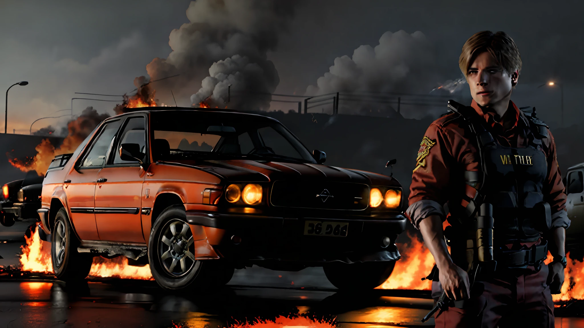 Caucasian man with gun standing in front of a burning car, burning scene in the background, action scene screenshot, some smoke and fire,