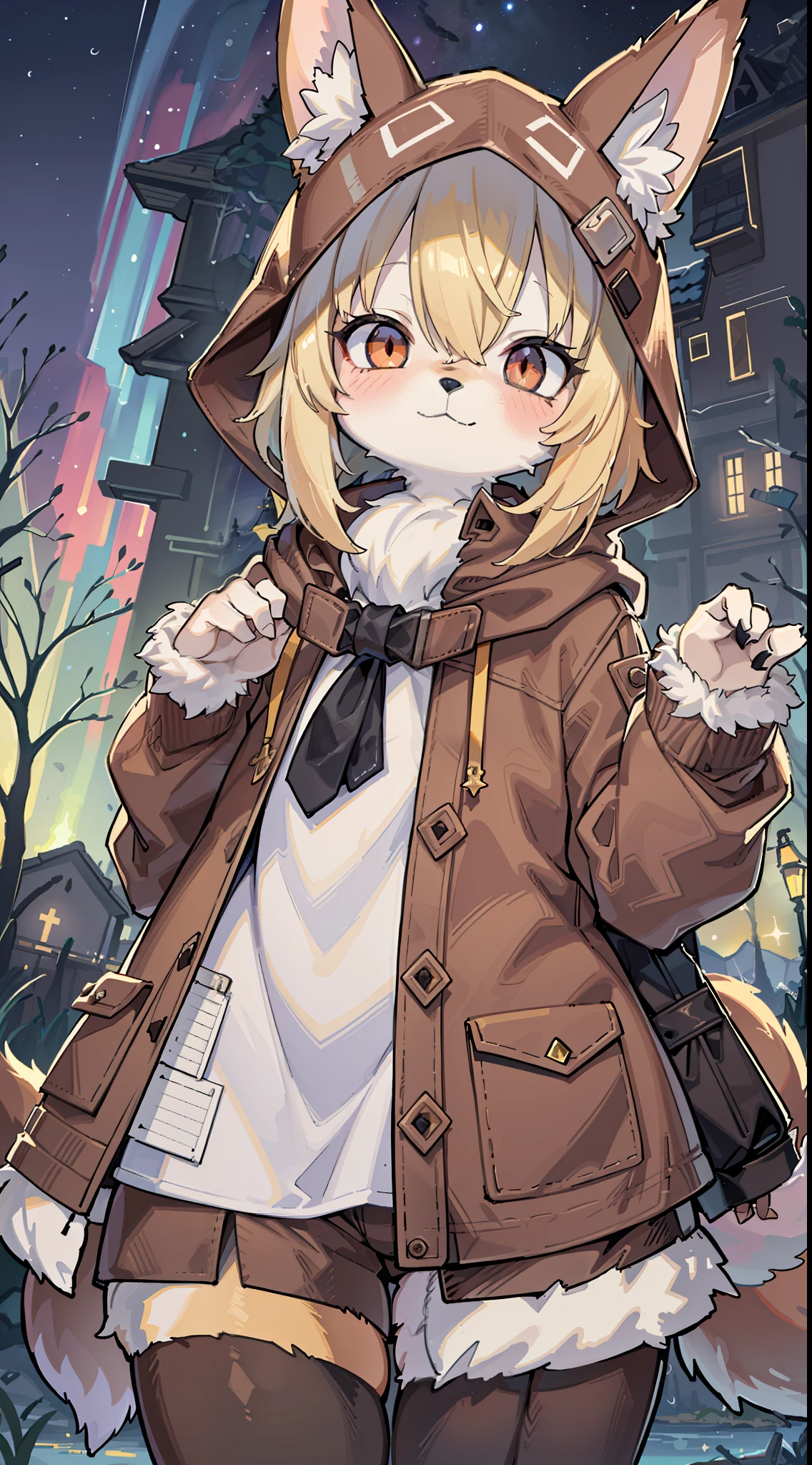 Shota the fox,hairy pubic,shaggy,Skin fur,Golden fur,Golden yellow face fur,Short straight blonde hair,Eyes have light,Red eyes,Brown elements on fur,Brown coat brown hood up,White top,brown shorts,Beautiful lights and shadows,Ambient light,Ultra-fine fur,volumettic light,natural lightting,fox tails,Fluffy tail,No Man, Glowing tree,Lake, dark scenery, rain,Night,starrysky,Vast landscape,crossed bangs, Hairline, Shiny hair, lone nape hair, ,The smiley face has a faint blush, smiley,Sleepy,(Oversized Full Moon:1.2),(meteors:0.9),(Starcloud:1.3)(Warm light source:1.2),aurora,nevando,snowfield, Extra-long sleeves, Purple and orange,Complicated details,Volumetriclighting,Realist breakthrough(tmasterpiece:1.2)(best qualtiy),4K,Ultra-delicate,(Dynamic configuration:1.4),Highly detailed and colorful details,(Irridescent color :1.2),(luminouslighting,Atmospheric lighting),dream magical,magic,独奏,Glowing light,Light blush, ,Single