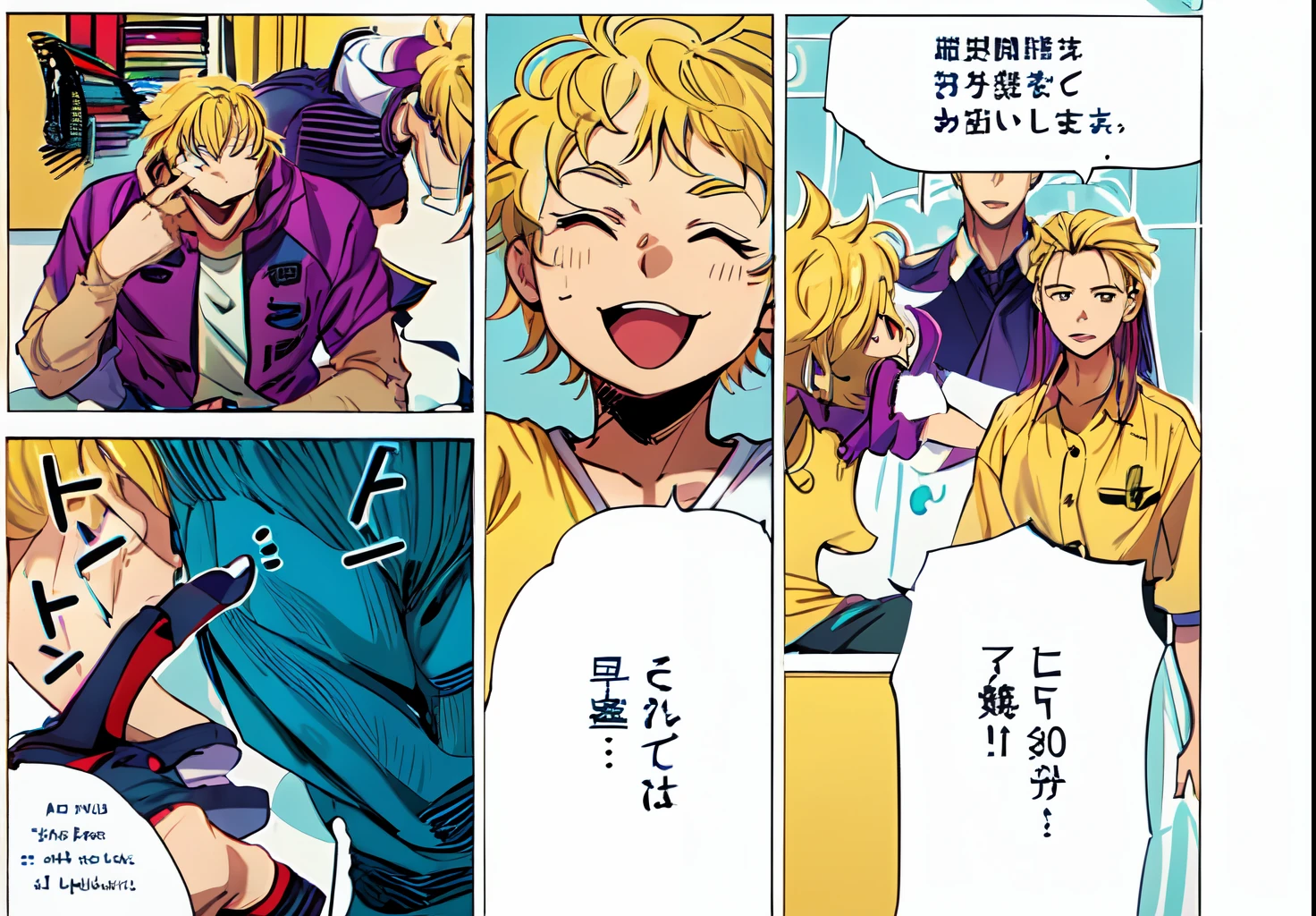 a anime of a boys manga, blonde hair color, text manga, color manga, manga color, color manga, color manga panel, simple background