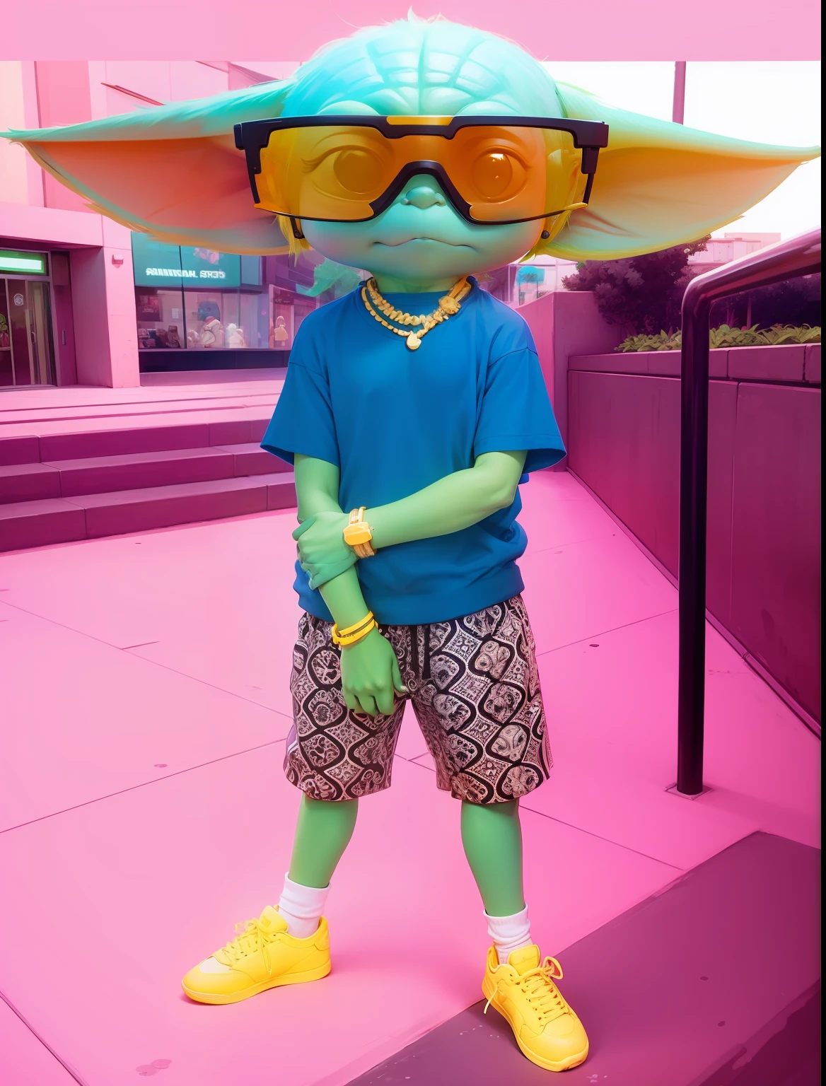 Baby yoda in street wear style, estilo dos desenhos animados, Sunglass,