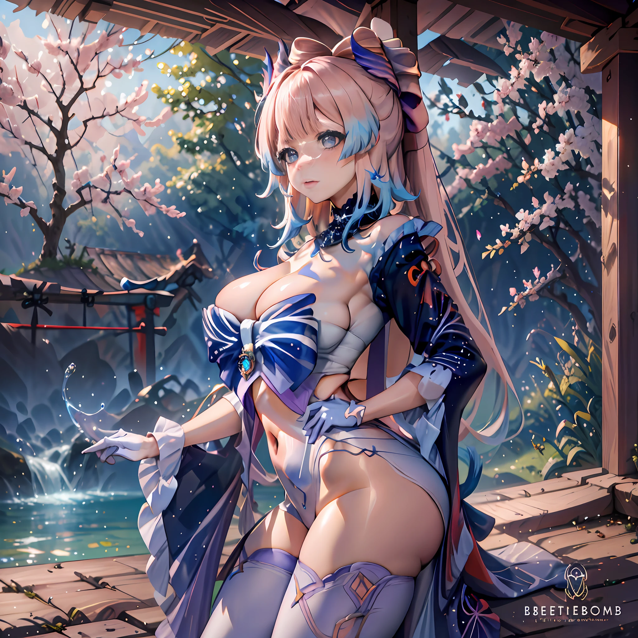 Sangonomiya Kokomi Genshin Impact, Whole body, (NSTDA.:1.2), (10, beste-Qualit, master-piece: 1.4), ultra-high resolution, (lifelike, photorealistic portrait: 1.48), 20 age, Cute Girl, Nude, Famous Japanese actors, gigantic breasts, Blue Eyes, Head tilt, cowboy shot, from the side, looking at the audience, expressionless, Beautiful lake, Zeiss 150mm F/ 2.8 Hasselblad, In Japanese shrines, Whole body, foot, Ultra-Wide Angle