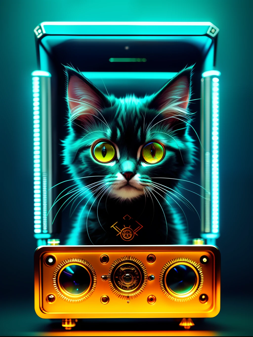 A cute fluffy kitten made of metal, robot, cyberpunk style, clockwork, ((intricate detail)), HDR, big eyes, ((intricate detail, super detail)), vacuum tube or tube, cinema lens, vignette, bokeh effect background