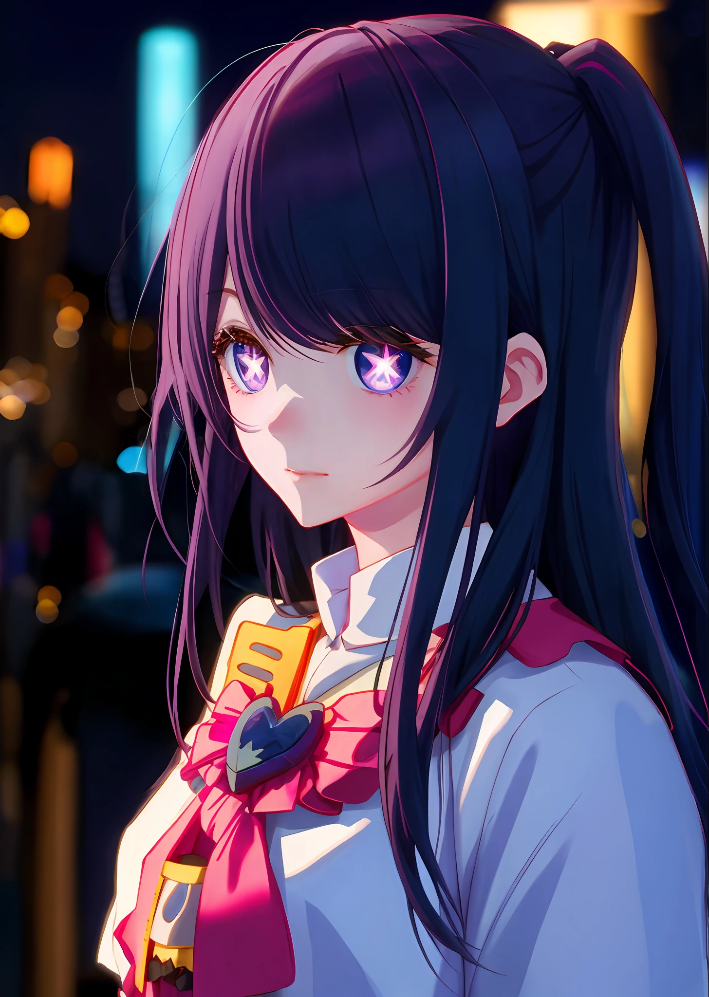 "Anime character 'Hoshino Ai' with starry eyes in a beautiful city at night."