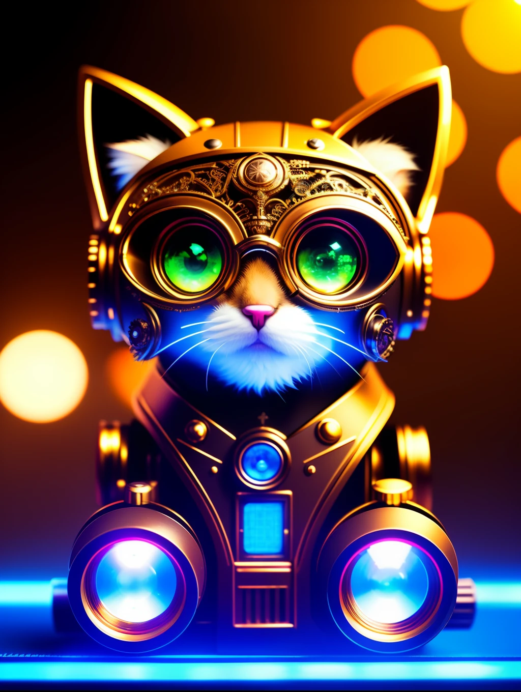 A cute fluffy kitten made of metal, robot, cyberpunk style, clockwork, ((intricate detail)), HDR, big eyes, ((intricate detail, super detail)), vacuum tube or tube, cinema lens, vignette, bokeh effect background