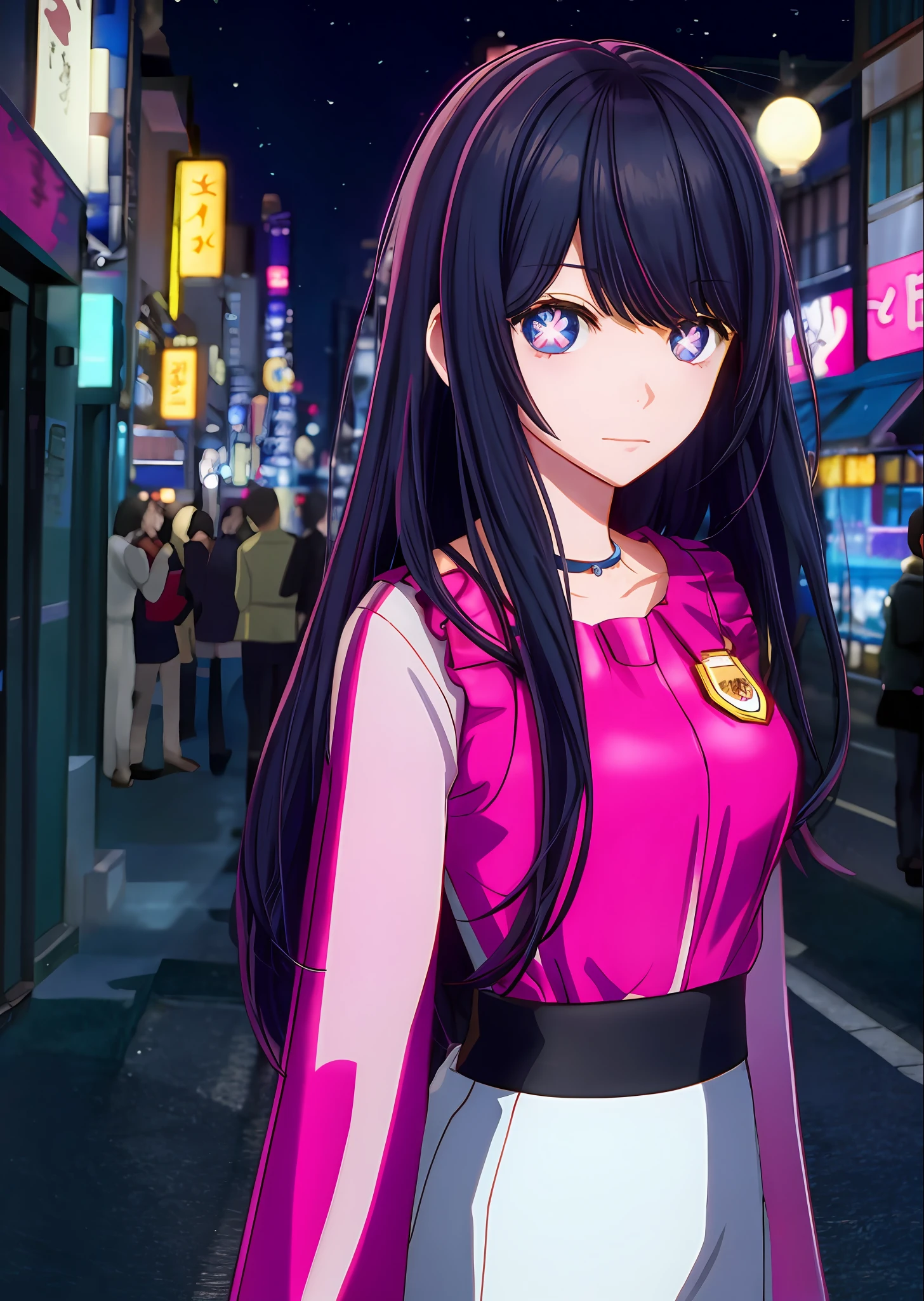 "Anime character 'Hoshino Ai' with starry eyes in a beautiful city at night."