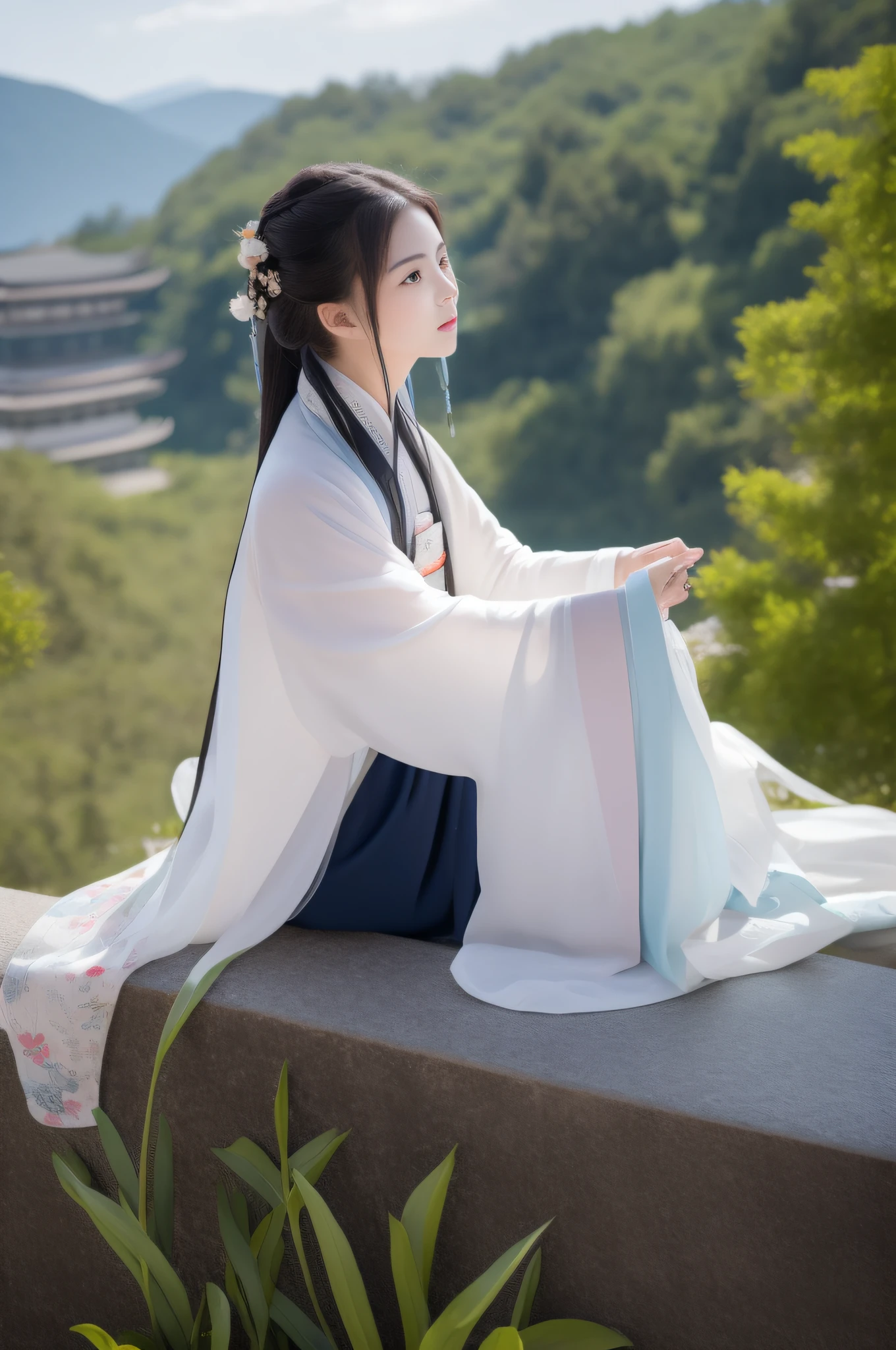 Changting Hanfu woman sits watching the flowing years, Lookout mountain shallow clouds
