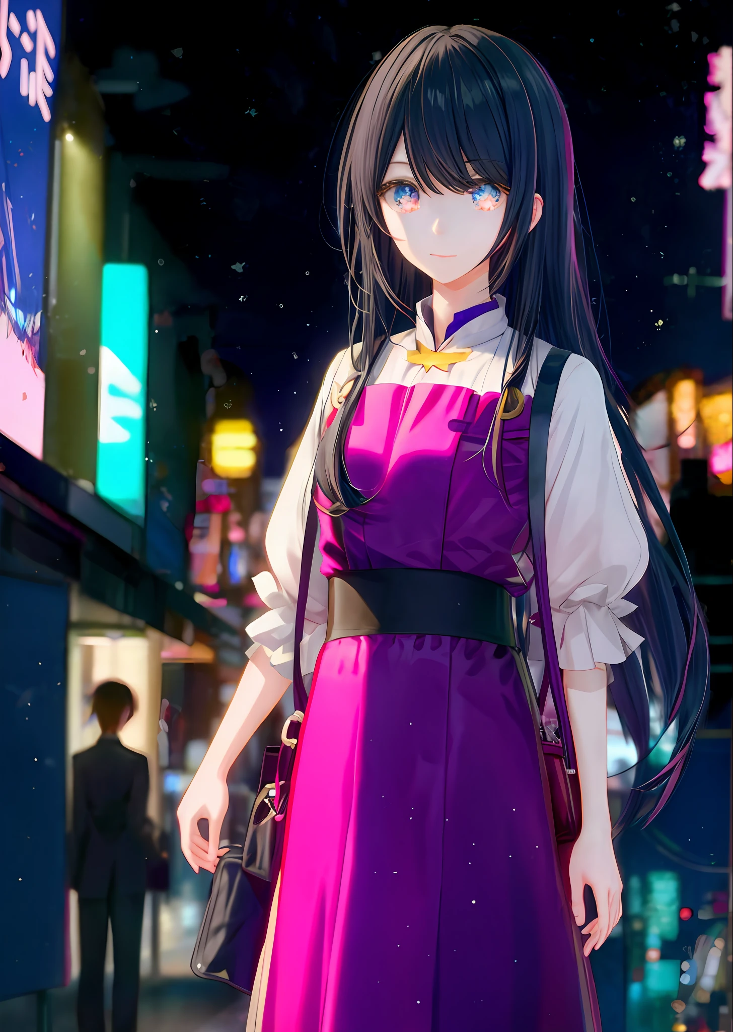 "Anime character 'Hoshino Ai' with starry eyes in a beautiful city at night."