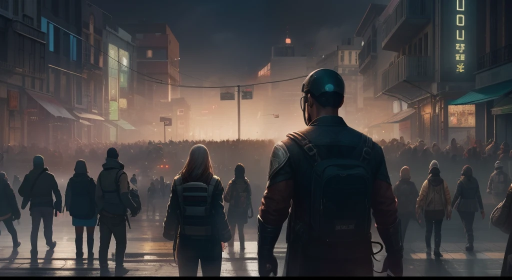 There are many people with a slight mark on their forehead in the dark city, crowd of people, large crowd of people, cidade grande e sombria, Motor Unreal 5, digital concept art of dystopian, foggy dystopian world, Large bustling metropolis, illustration , milhares de pessoas, olhos brilhantes em todos os lugares