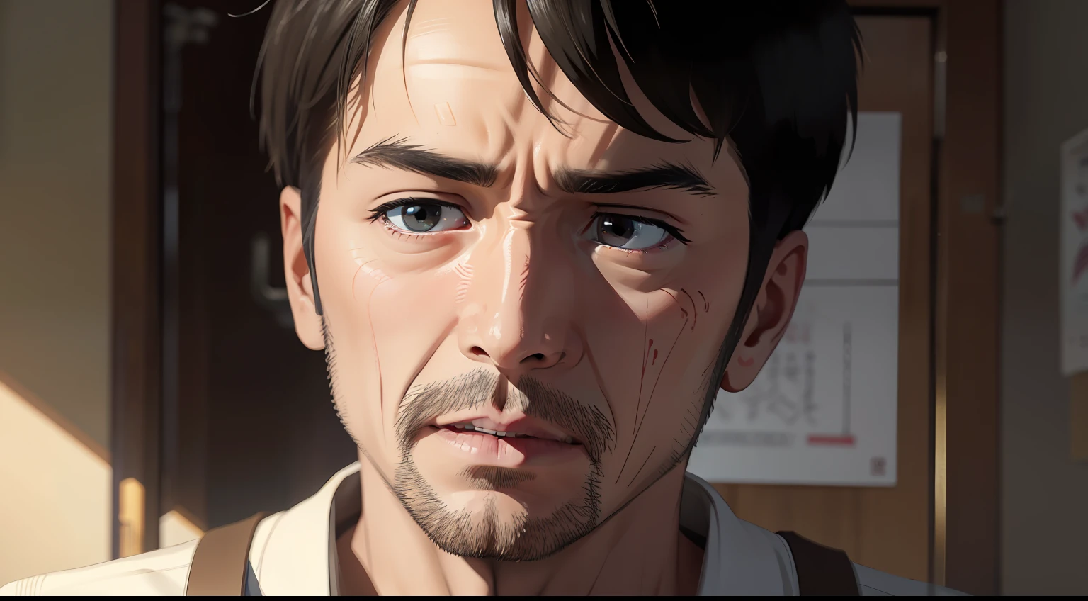 Shot of a man's face，Tangled expressions and inability to decide。