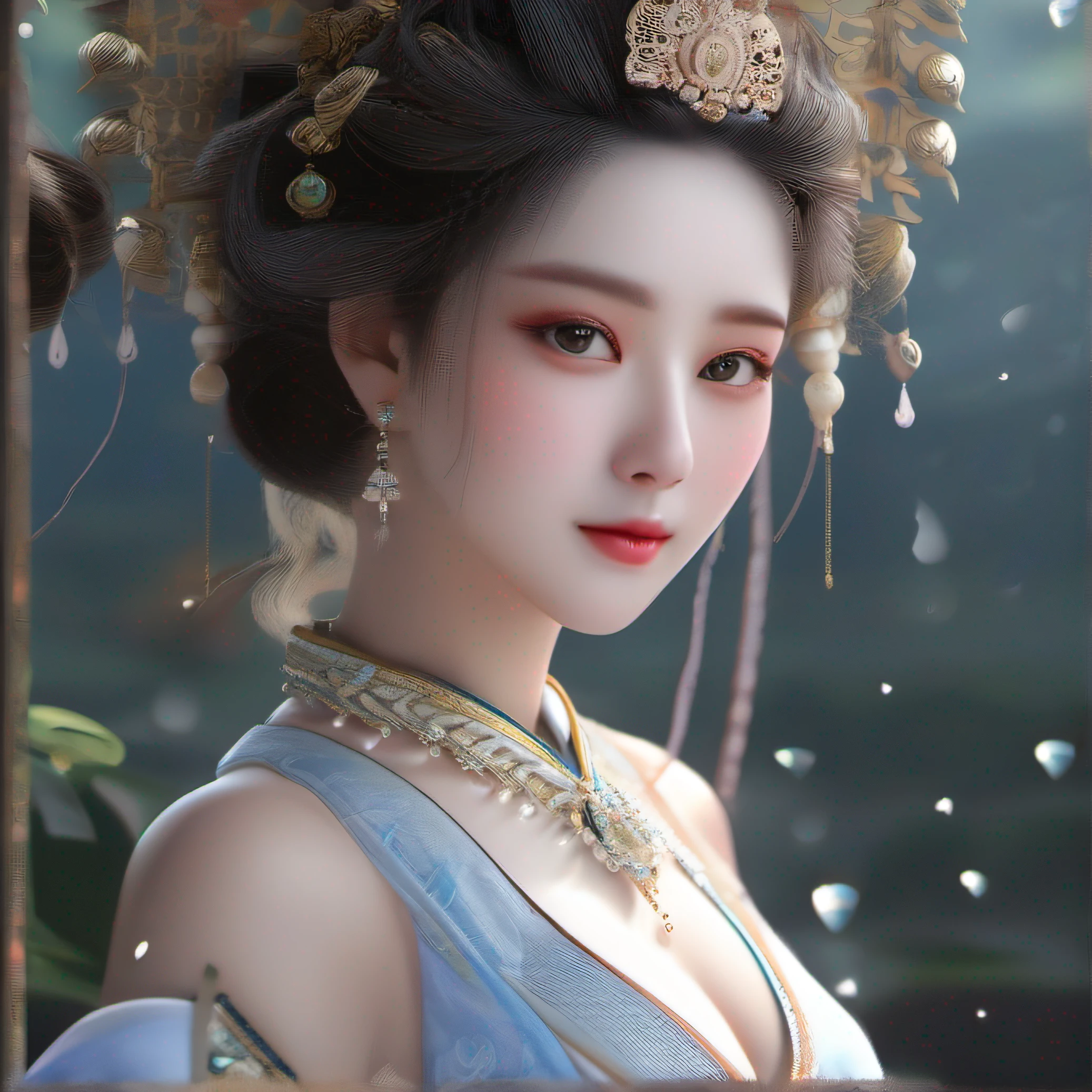 Best quality、tmasterpiece、A high resolution、ultra-realistic realism,Beautiful wonderland,photorealestic,delicated,1girll、full bodyesbian,The sleeves flutter,Surrounded by water,Raised sexy,Antique Chinese costumes、hair adornments、choker necklace、jewely、pretty face、Tyndall effect、realisticlying、island floating in the sky,Shadow Studio、edge lit、bicolor lighting、largeeyes,Delicate pupils,Eyes shine,(highdetailskin:1.2)、8K, Ultra HD、Digital SLR、softlighting、high high quality、volumettic light、sneak shot、photore、A high resolution、8K、The background is blurred out,beautifullegs,plumw,Slimming the waist,gigantic cleavage breasts,Seductive gesture,Surrounded by magical waters ,,Seductive gesture,gigantic cleavage breasts,gigantic cleavage breasts,gigantic cleavage breasts,