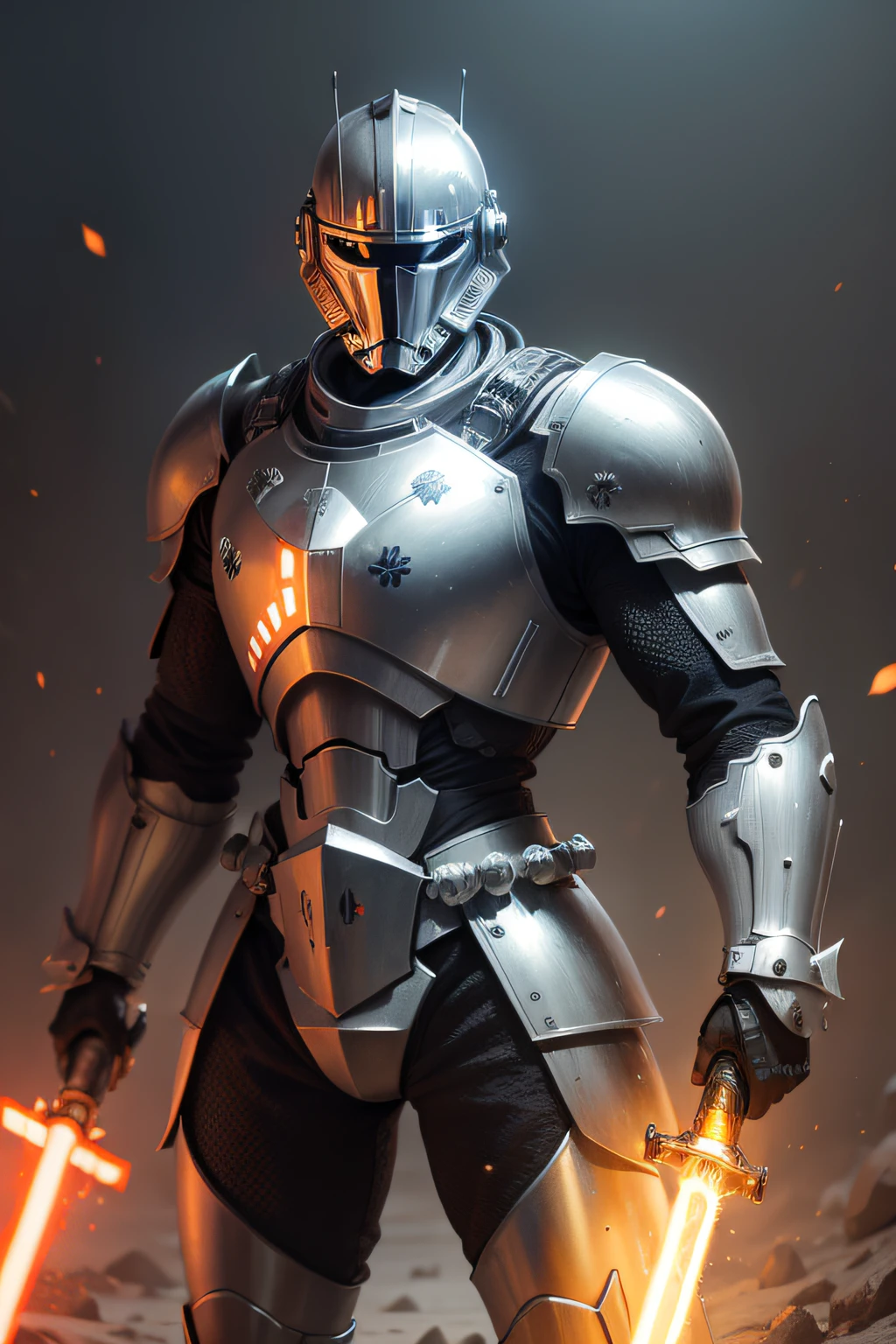 obra prima, melhor qualidade, A knight with a technological armor mixed with ancient, With an orange lightsaber like Star Wars in a scenario of destruction , com uma capa preta
