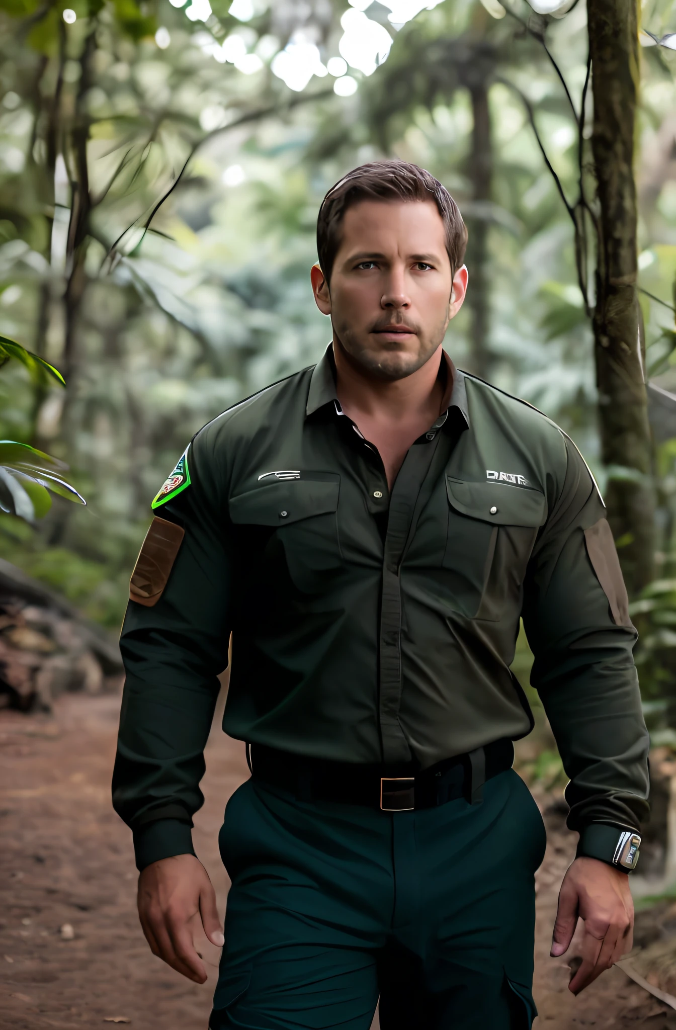 Foto RAW, uma foto retrato de 55 y.o, cabelo cortado, barba feita, Manly man, igual chris redfield, Igualmente a affleck pele castanha clara, na floresta, pele natural, different facial expressions 8k UHD, alta qualidade, filmic grain, Fujifilm XT3