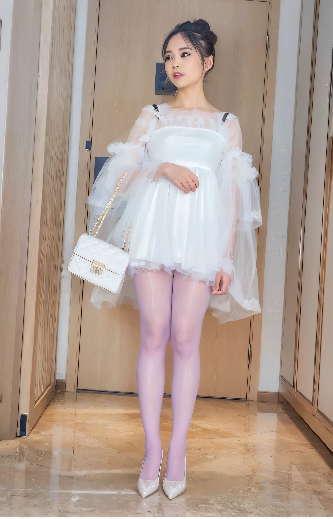 There was a woman in a white dress and purple tights, wearing translucent sheet, Wearing white tights, White tights, white puffy outfit, Translucent dress, wearing purple romantic tutu, Translucent white skin, pale milky white porcelain skin, Full length and white stockings, purple eyes and white dress, material is!!! plum!!!, Smooth translucent white skin, shaxi, wearing pink romantic tutu
