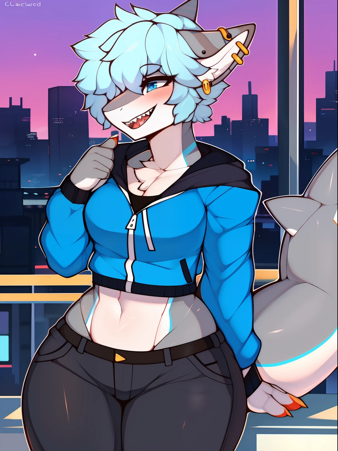 anthro, shark, marine, blue-grey skin, white jaw, light blue hair, light blue eyes, shark tail, tail piercing, clothed, curvy figure, ear piercing, female, athletic, two tone hair, laughing, shark teeth, solo, blue jacket, grey pants, (shirt), city background, high quality, masterpiece, snout, shark snout, tomboy, (by claweddrip)