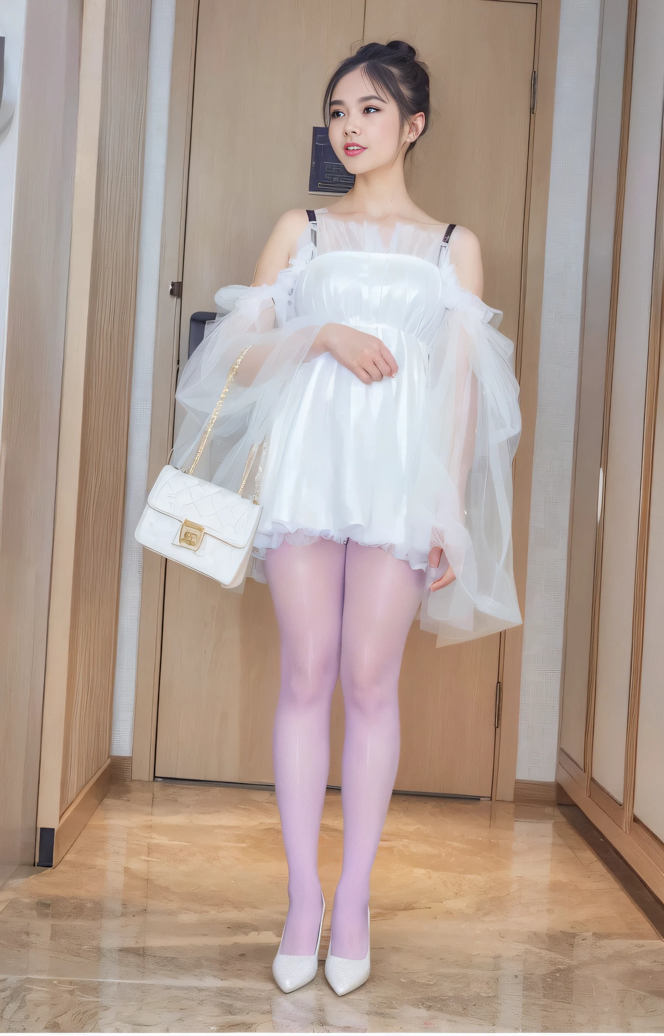 There was a woman in a white dress and purple tights, wearing translucent sheet, Wearing white tights, White tights, white puffy outfit, Translucent dress, wearing purple romantic tutu, Translucent white skin, pale milky white porcelain skin, Full length and white stockings, purple eyes and white dress, material is!!! plum!!!, Smooth translucent white skin, shaxi, wearing pink romantic tutu