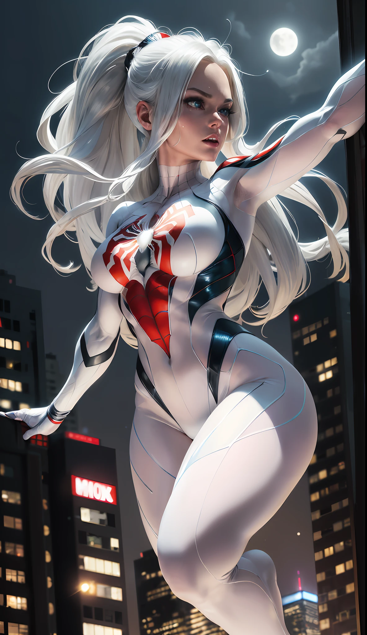 (Masterpiece, 4k resolution, ultra-realistic, very detailed), (White superhero theme, charismatic, there's a girl on top of town, wearing Spider-Man costume, she's a superhero), [ ((25 years), (long white hair:1.2), full body, (blue eyes:1.2), ((Spider-Man pose),show of strength, jumping from one building to another), ((sandy urban environment):0.8)| (cityscape, at night, dynamic lights), (full moon))] # Explanation: The Prompt mainly describes a 4K painting of ultra-high definition, very realistic, very detailed. It shows a superheroine at the top of the city, wearing a Spider-Man costume. The theme in the painting is a white superhero theme, the female protagonist has long white hair, is 25 years old and her entire body is shown in the painting. In terms of portraying the actions of superheroines, spiders are employed