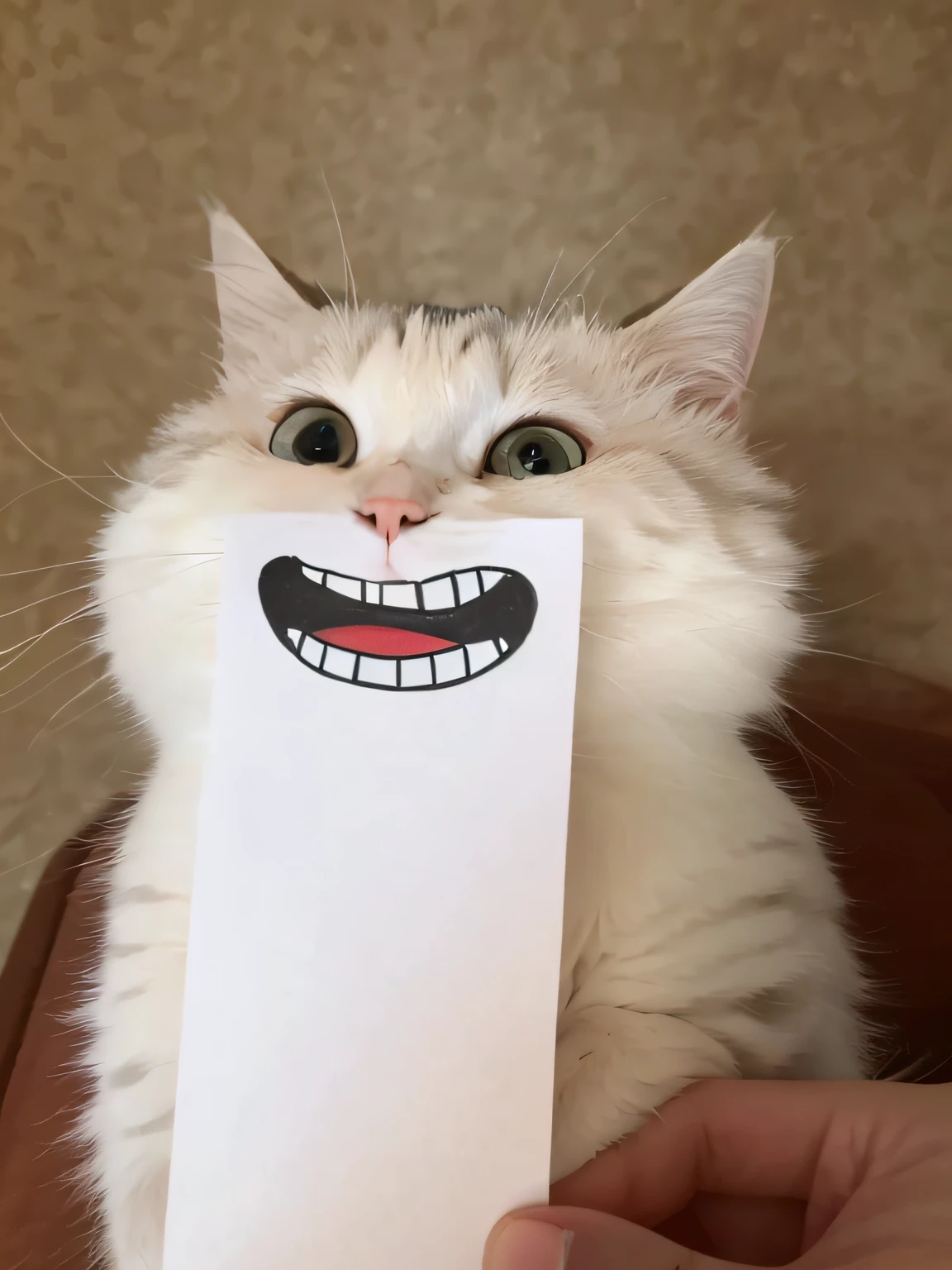Someone is holding a white card,It depicts a smiling cat, a cat is smiling, the cat is smiling, smiling cat, funny cat, telegraph stickers, Happy cat, A cute cat, smileeeeeee, realistic anime cat, cat photo, she has a cute expressive face, Cute cat, very very very realistic, with a big head,Big eyes