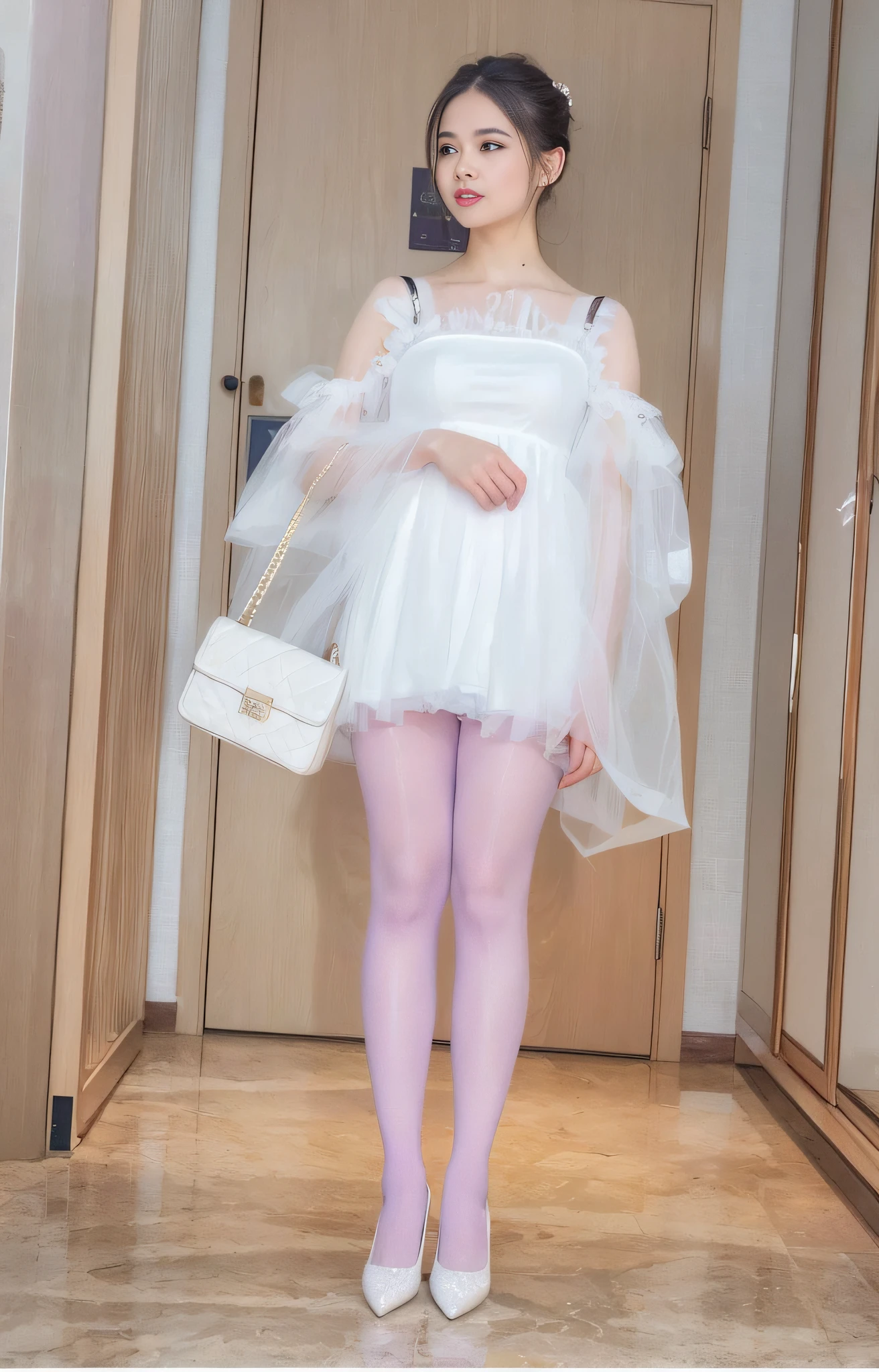 There was a woman in a white dress and purple tights, wearing translucent sheet, Wearing white tights, White tights, white puffy outfit, Translucent dress, wearing purple romantic tutu, Translucent white skin, pale milky white porcelain skin, Full length and white stockings, purple eyes and white dress, material is!!! plum!!!, Smooth translucent white skin, shaxi, wearing pink romantic tutu