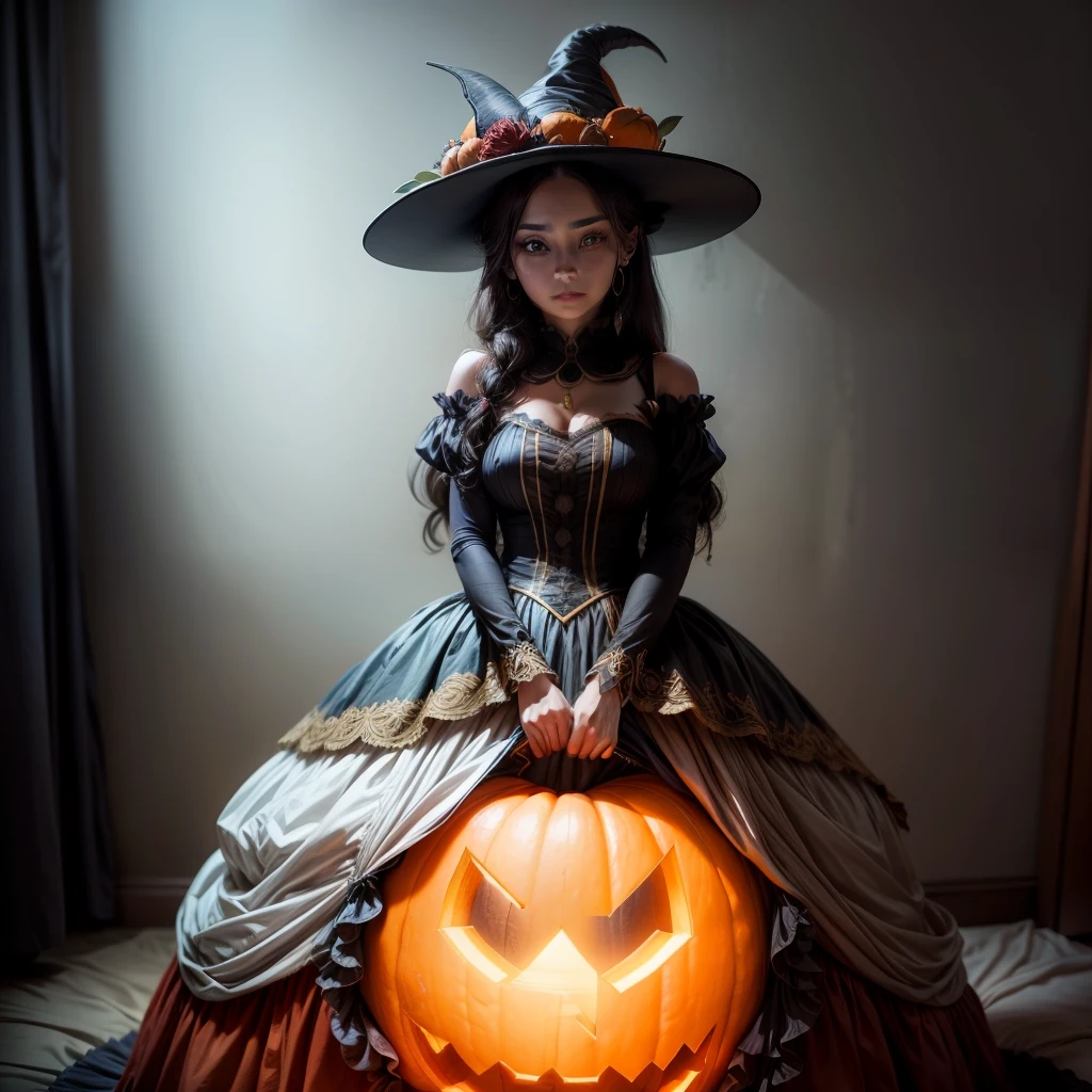 Un llamativo, foto altamente realista de una mujer vestida como Phantump #0708 de Pokemon y una diadema de calabaza , with a vibrant representation of the costume and a haunting backdrop.