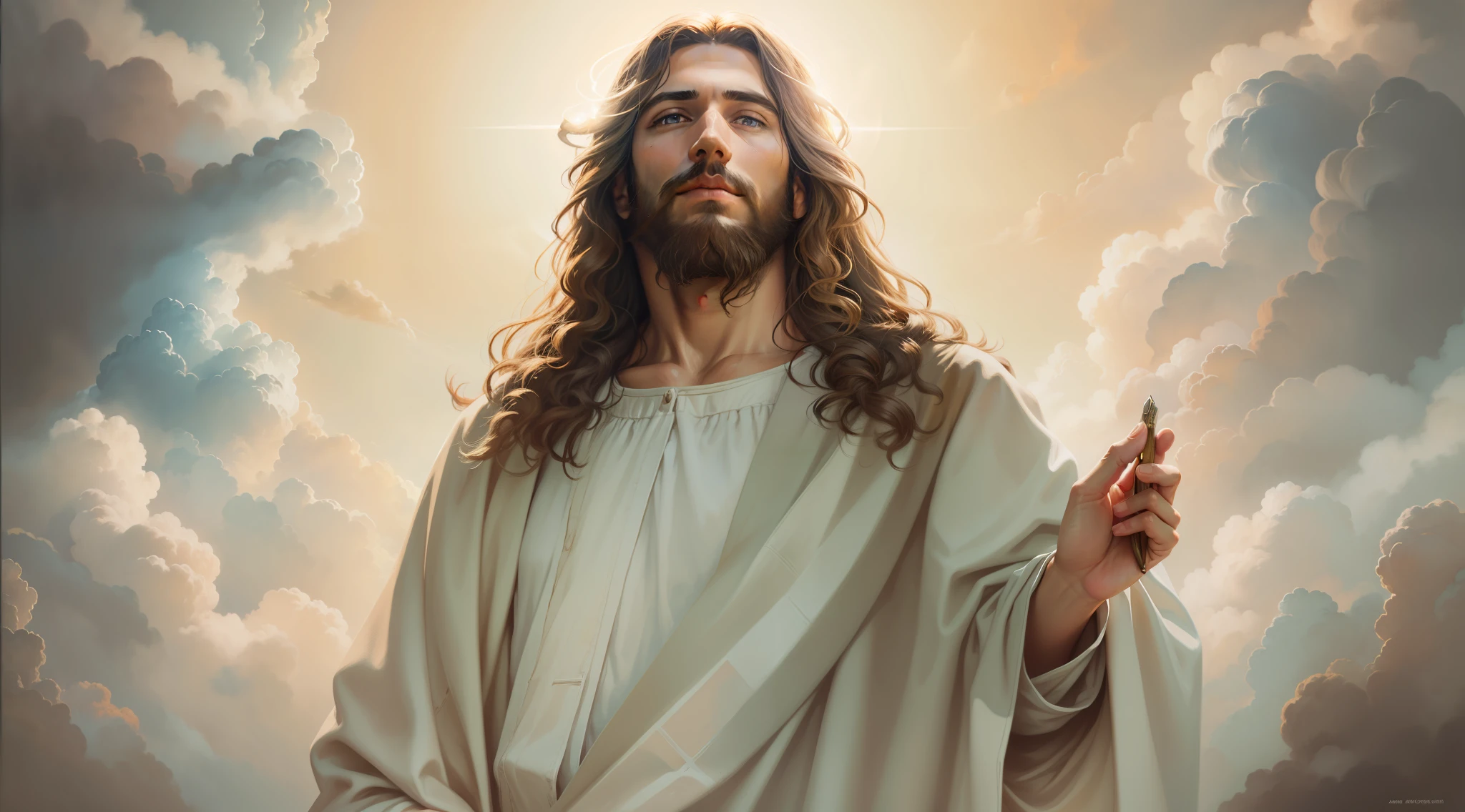 [a realistic close-up painting of Jesus amid the clouds of heaven]