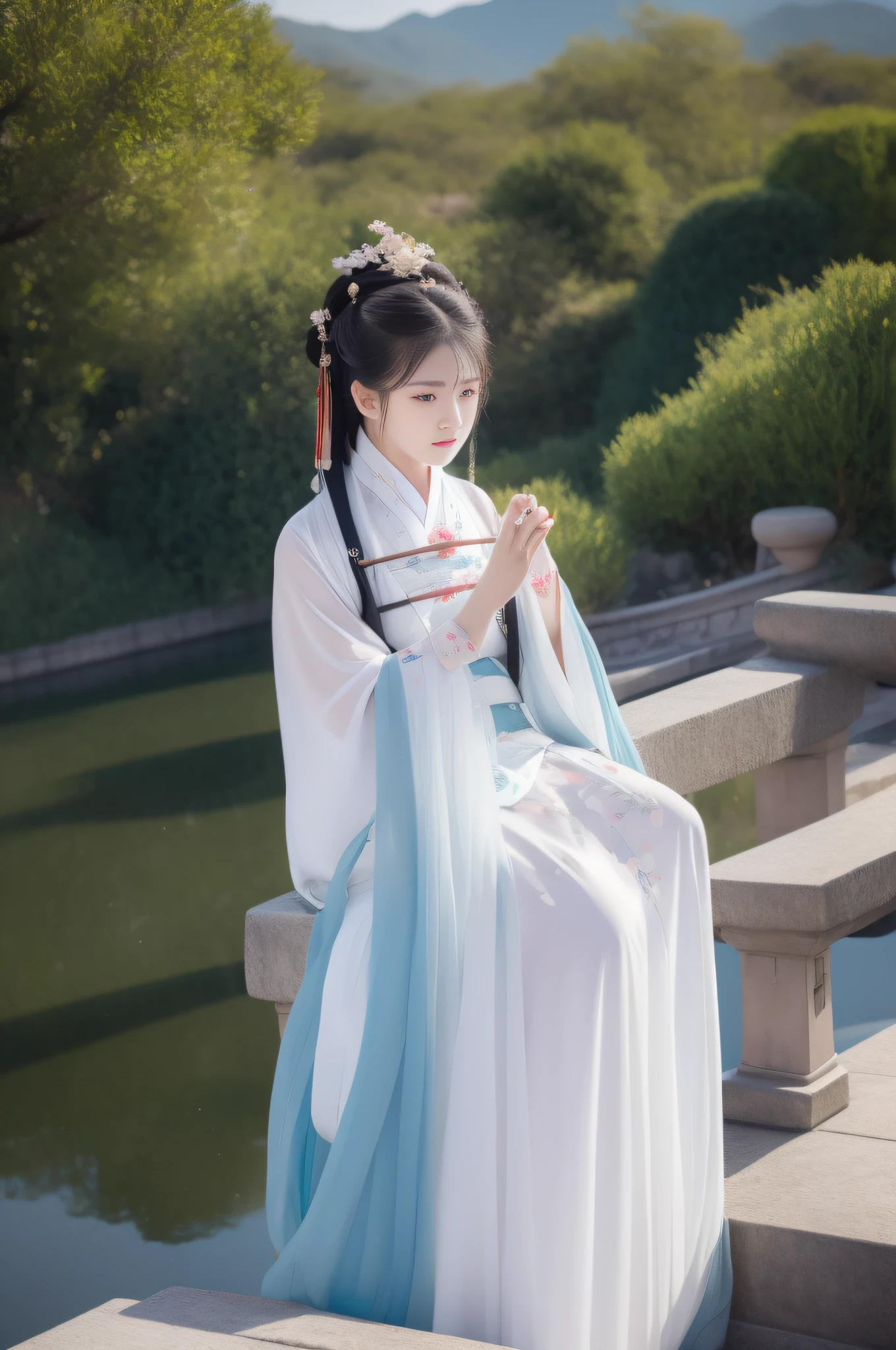 Changting Hanfu woman sits watching the flowing years, Lookout mountain shallow clouds