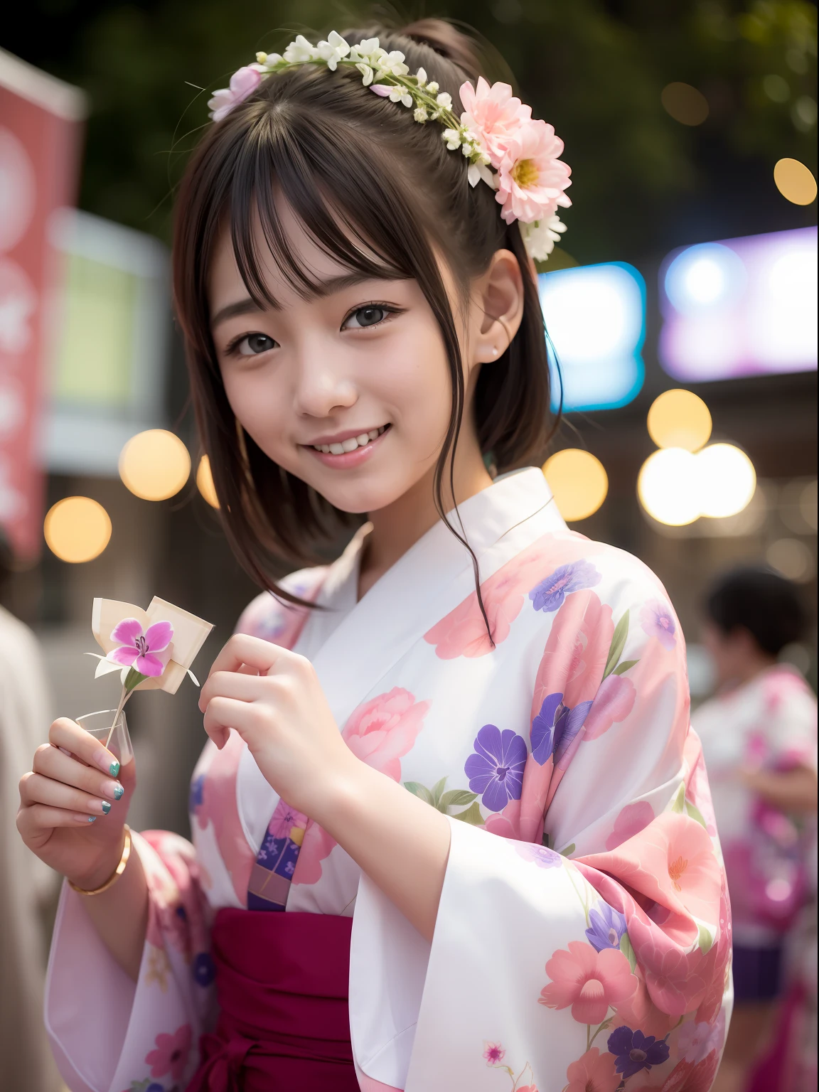 Beautuful Women、18year old、Japan Yukata、Summer Festival at Night、A smile