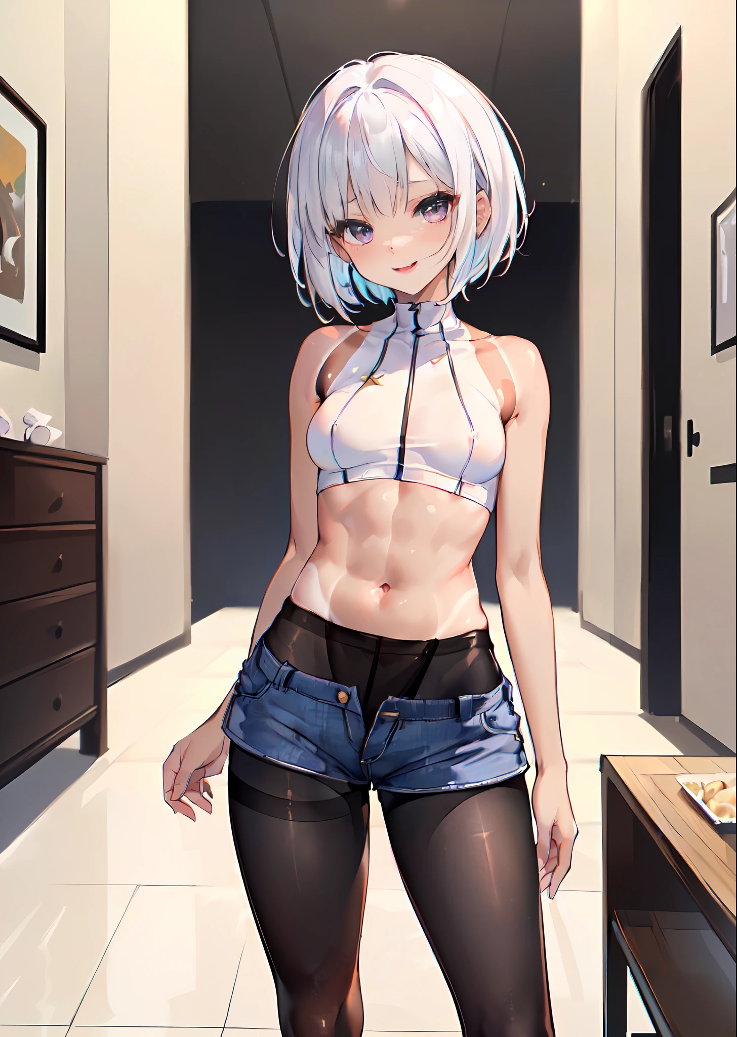 Solo、((A MILF:1.3)),30s、((top-quality、8K、masterpiece:1.3))、Dynamic Pose、foco nítido:1.2、Beautiful woman with perfect body shape:1.4、Beautiful face、beautiful countenance、Evil smile、blush、White hair、pale purple eyes、Sexy Pose、Sexually suggestive、(Black pantyhose:1.5)、(Tanned skin:1.3),(groin:1.3),thighs thighs thighs thighs、(Pixie Bob)、A slender 、small tits、The navel is visible、(abdominals:1.2、shortpants:1.5,lowrise:1.3),turtle neck、Sleeveless 、Highly detailed facial and skin texture、A detailed eye