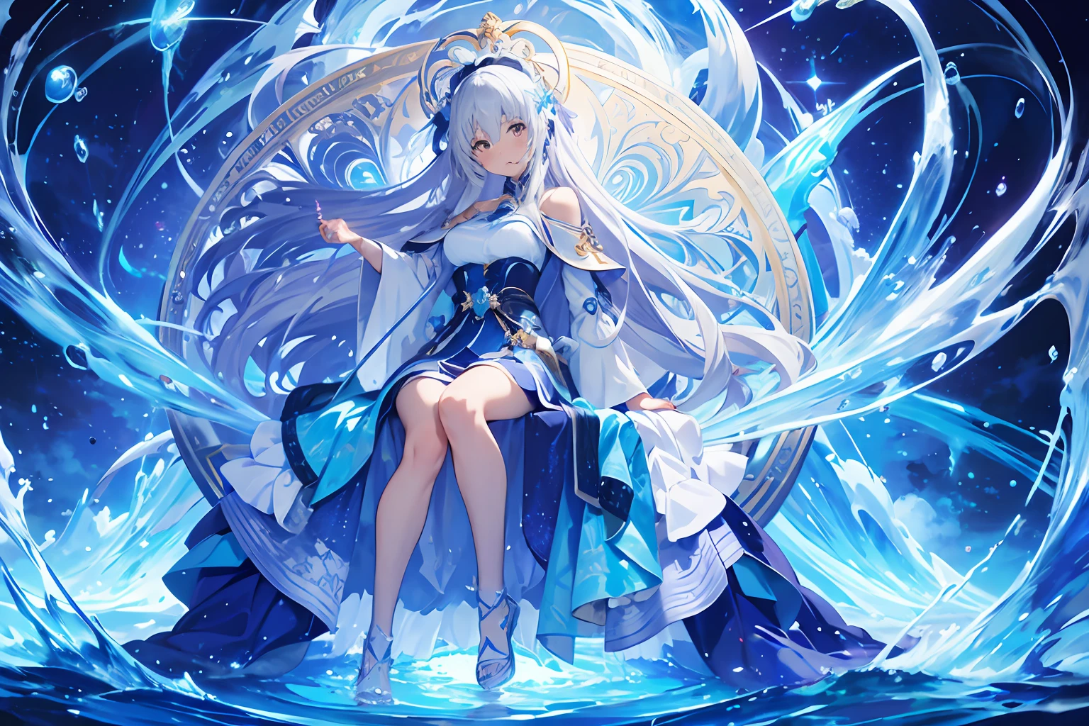 Woman in blue dress sitting on throne with sword, beautiful celestial mage, keqing from genshin impact, white haired god, Trending on ArtStation pixiv, Wallpaper Anime Blue Water, flowing magic robe, ice sorceress, anime goddess, Ayaka Genshin Impact, anime fantasy illustration, ice mage, Detailed key anime art, water element