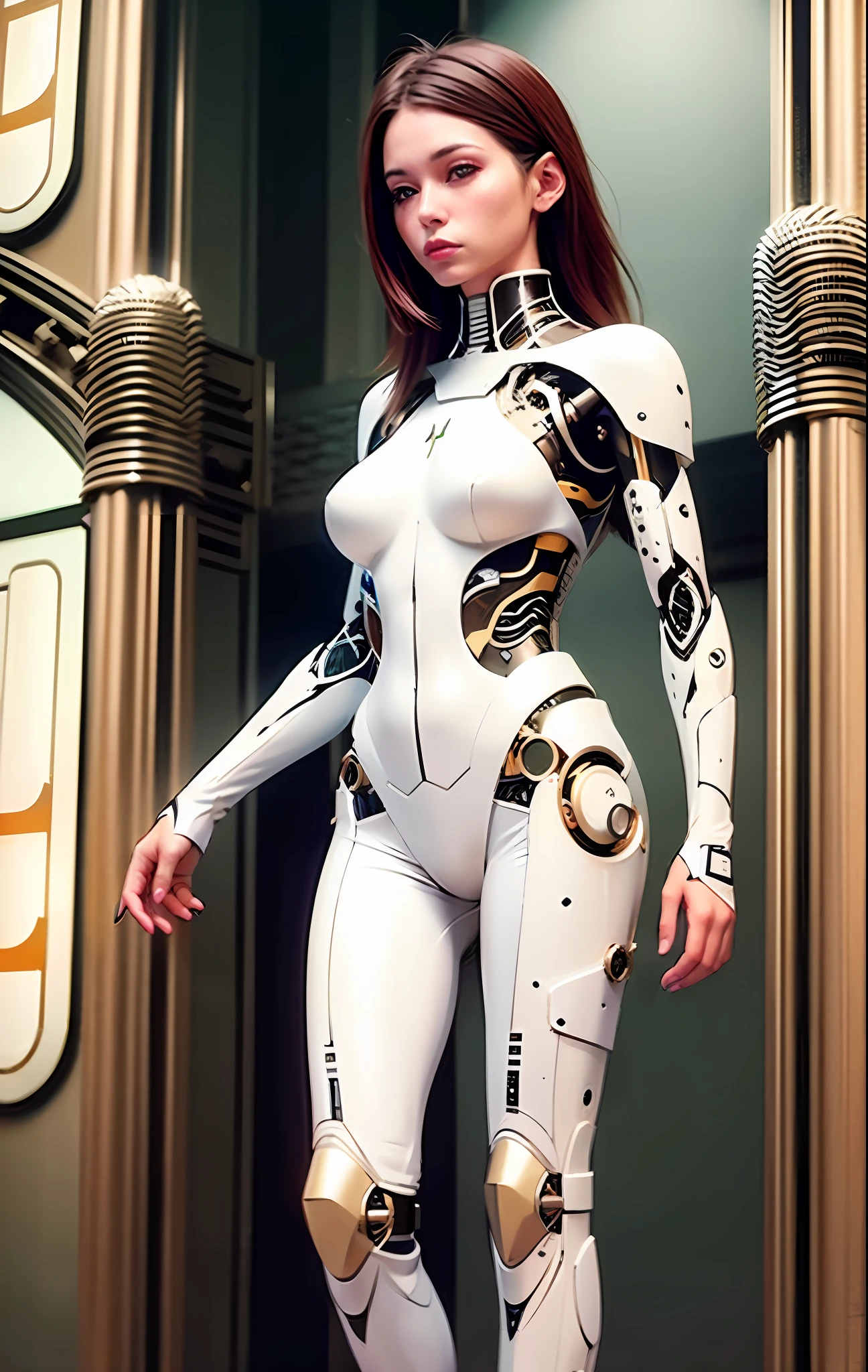 ultra realistic, futuristic female cyborg white on a strange planet