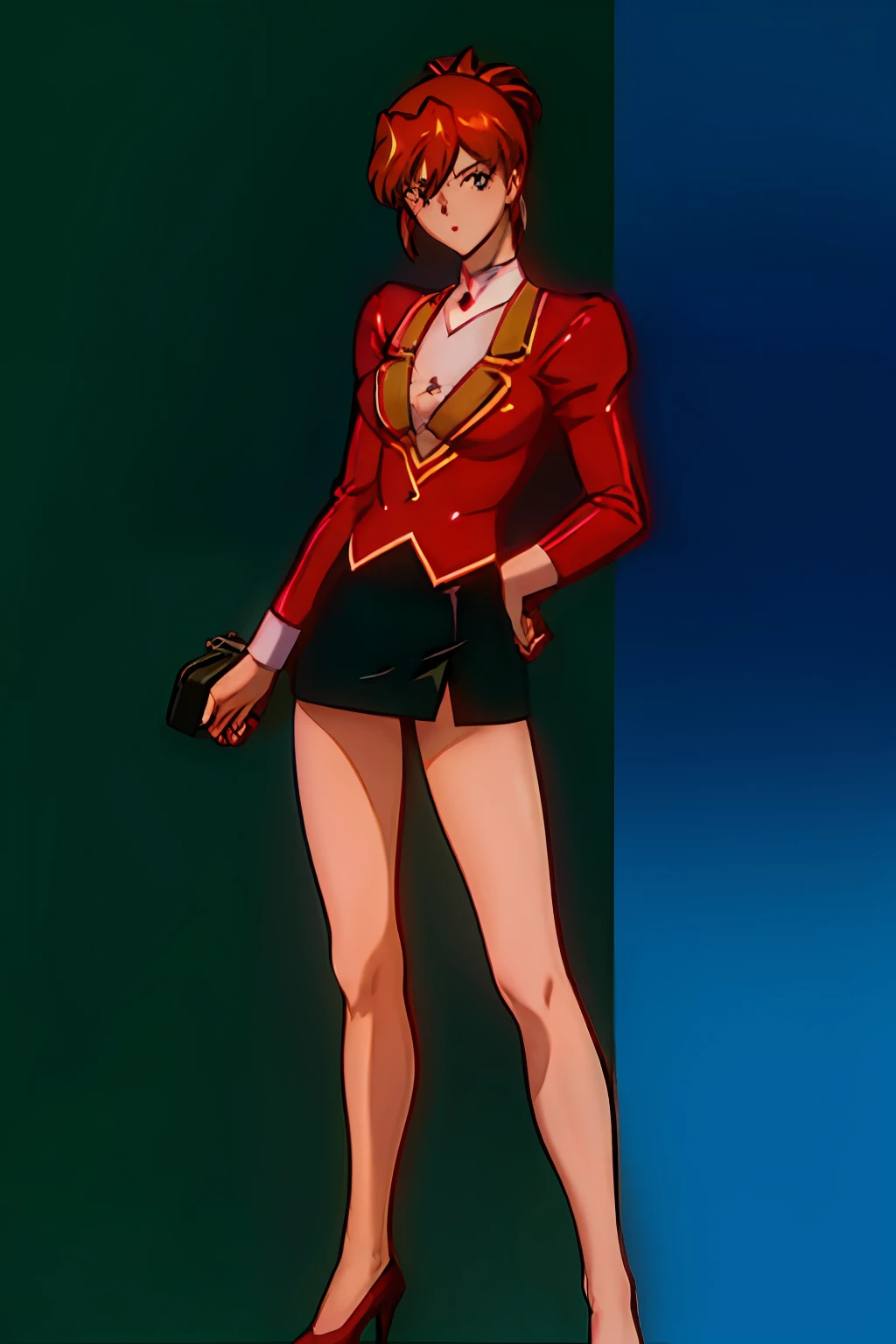 aika_sunigami, 1girl, bag, blue_eyes, briefcase, brown_hair, earrings, folded_ponytail, full_body, handbag, high-waist_skirt, high_heels, holding, jacket, jewelry, legs, lipstick, long_sleeves, looking_at_viewer, makeup, miniskirt, office_lady, open_jacket, open_mouth, pantyhose, pencil_skirt, red_footwear, red_jacket, red_lips, red_skirt, retro_artstyle, shoes, short_hair, skirt, skirt_suit, smile, solo, standing, tied_hair, uniform, anime, RETRO ARTSTYLE, 1990S (STYLE)