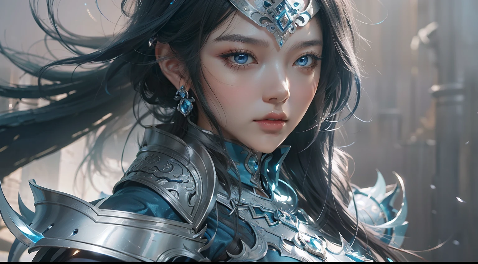 a close up of a woman in a silver and blue dress, chengwei pan on artstation, by Yang J, detailed fantasy art, stunning character art, fanart best artstation, epic exquisite character art, beautiful armor, extremely detailed artgerm, detailed digital anime art, artgerm on artstation pixiv, armor girl