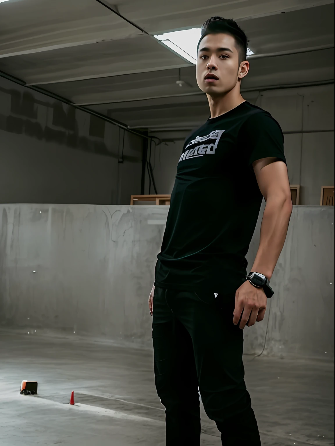 there is a man standing on a skateboard in a room, full body profile camera shot, full body picture, wearing black tshirt, full body photogenic shot, posing ready for a fight, full body action pose, distorted pose, standing in class, full body in camera, model standing pose, powerful stance, wearing a black tshirt, in a menacing pose