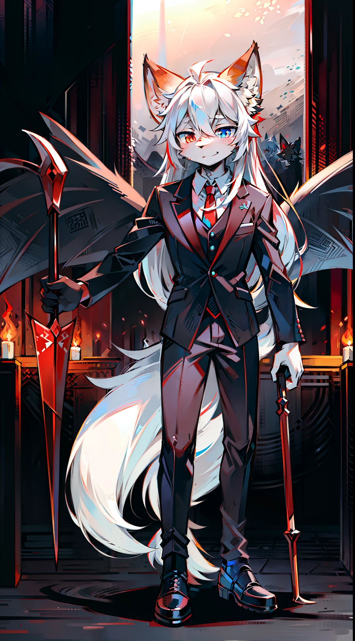 furry，fox ear，fox tails，Body gray，Devil wings，Scythe in hand，Located in hell，adolable，Red and blue heterochromatic pupils，long  white hair，red fox，male，In black suit