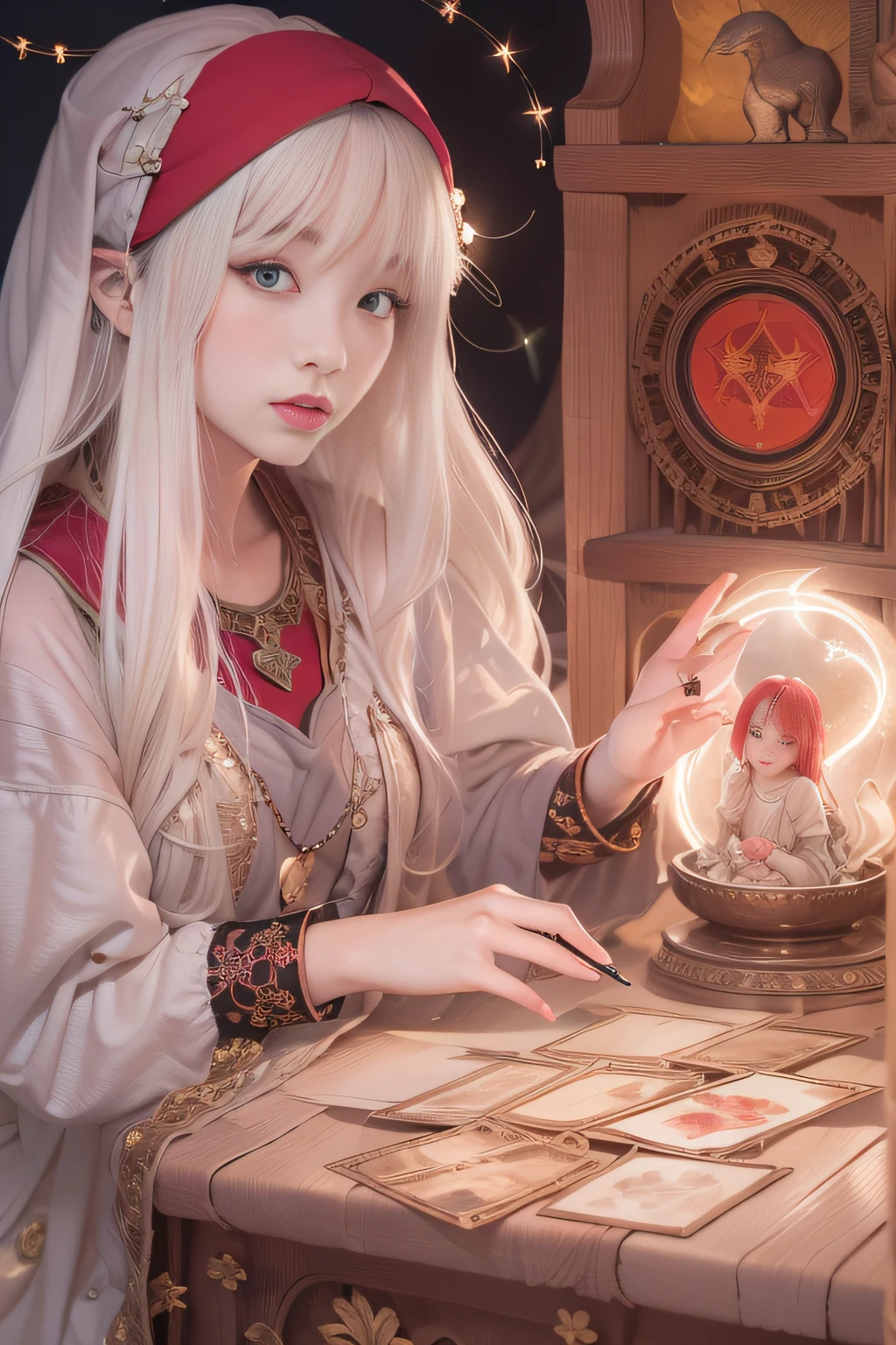 Mysterious woman doing tarot reading,Tarot Reading,Tarot Cards,cute  face,Blunt bangs, Straight hair, Shiny hair,Medieval mystery clothes,fortune teller,hermit,magical lights,albino,Red eyes,Eyes glowing pale red