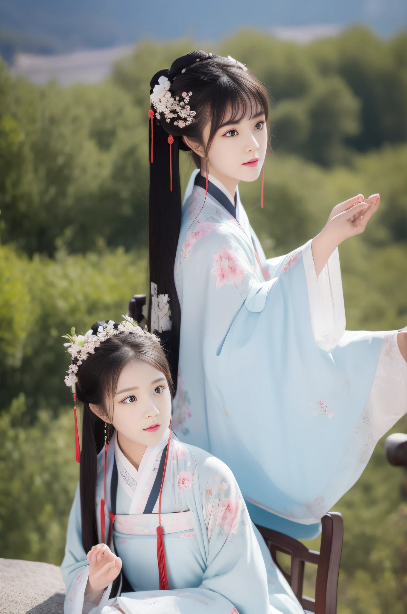 Changting Hanfu woman sat and watched the flowing years, Lookout mountain shallow clouds