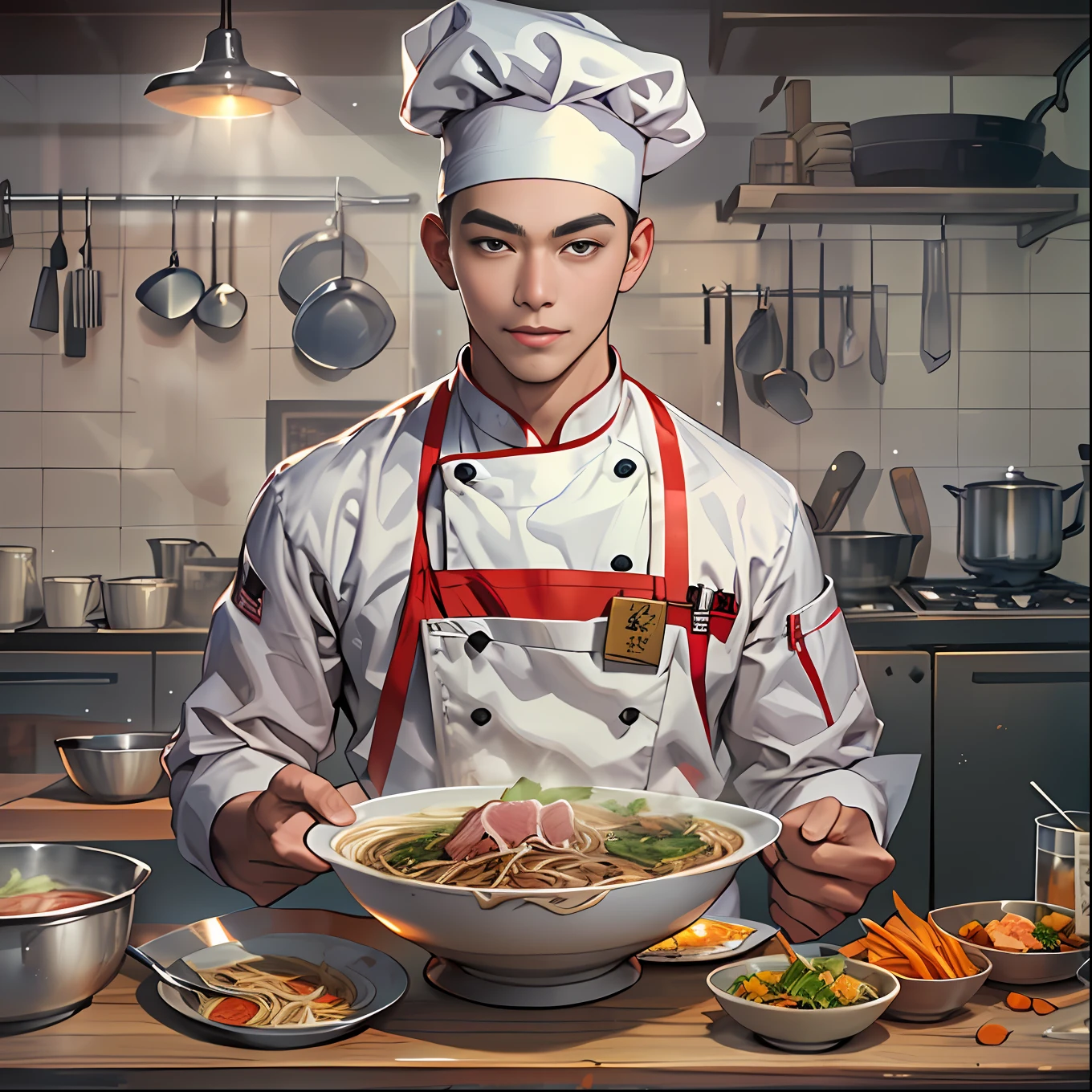 A young and handsome chef stands in front of the camera,Holding a tempting bowl of beef noodles,in the style of the stars art group xing xing, 32K, Best quality, Masterpiece, Super detail,