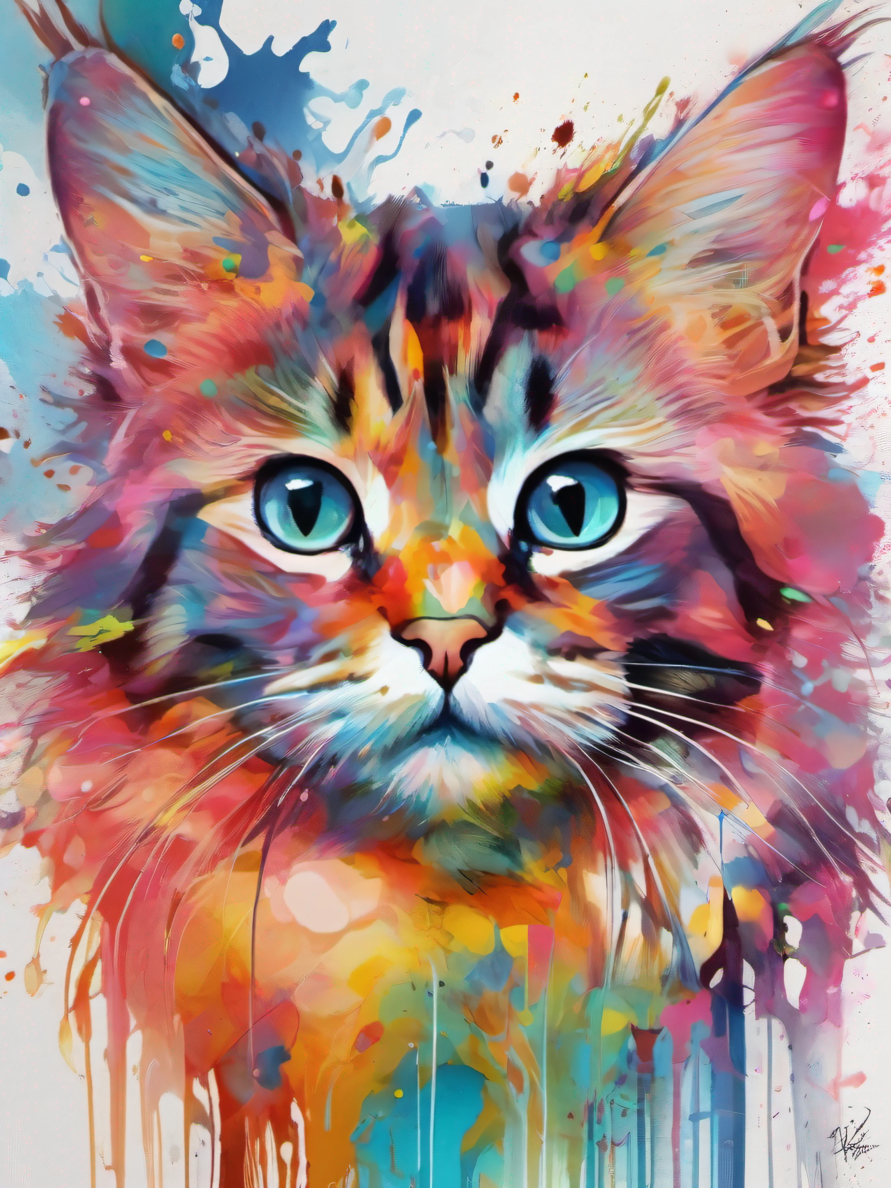 Draw a cat with colorful ink on its face, archan nair, painted in bright water colors, animal drawing, vibrant watercolor painting, painting of cute cat, Stunning artwork, Surrealism with bright colors, plethora of colors,detail-rich, lovely digital painting, Amazing, digital art animal photo, colorful art, art of alessandro pautasso, watercolor detailed art
