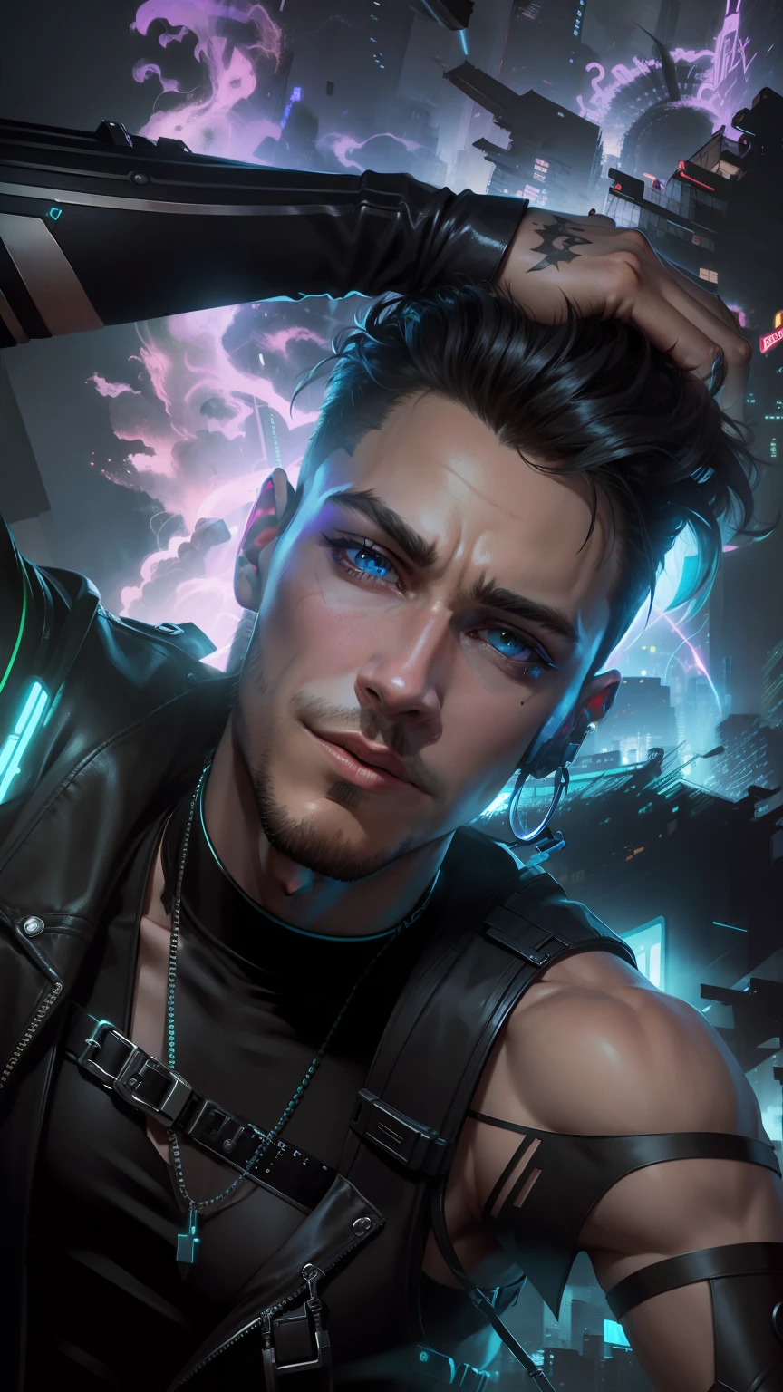 change background cyberpunk handsome boy realic face