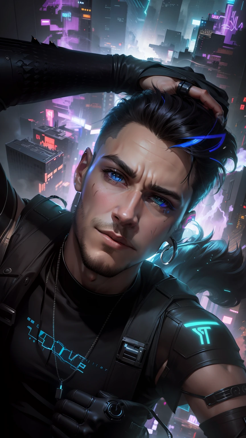 change background cyberpunk handsome boy realic face