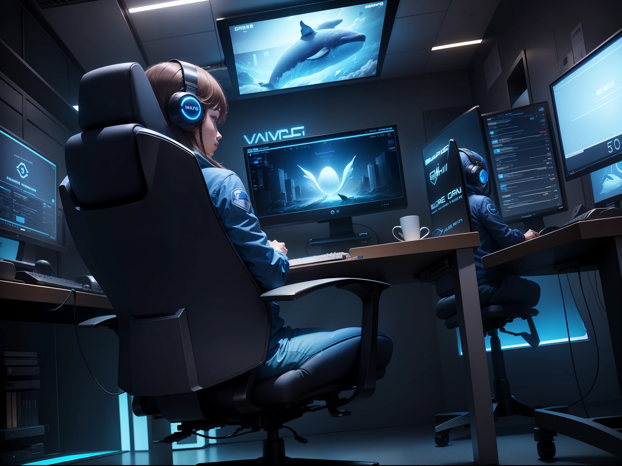 Whale Internet Cafe Dark Blue Technology Cyber Computer Metaverse Room