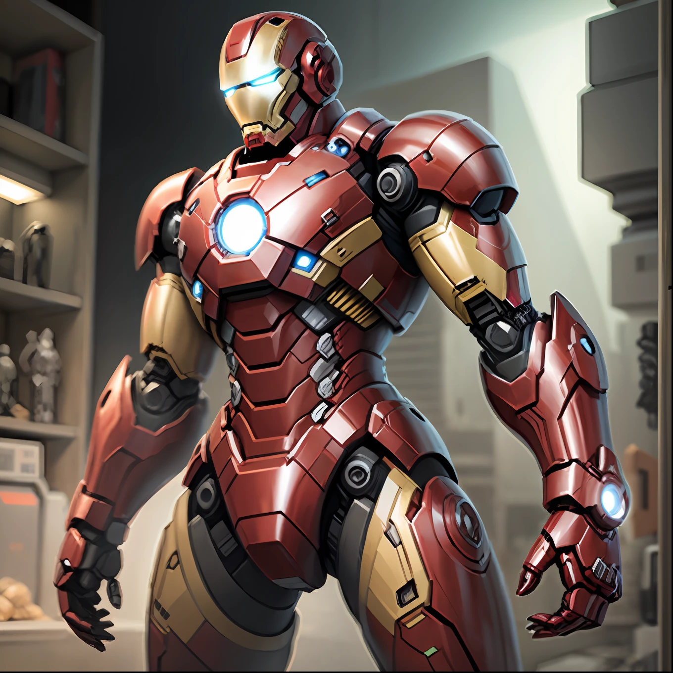 Create Iron Man armor in realistic Gundam anime robot style, with interaction with a hologram of artificial intelligence.